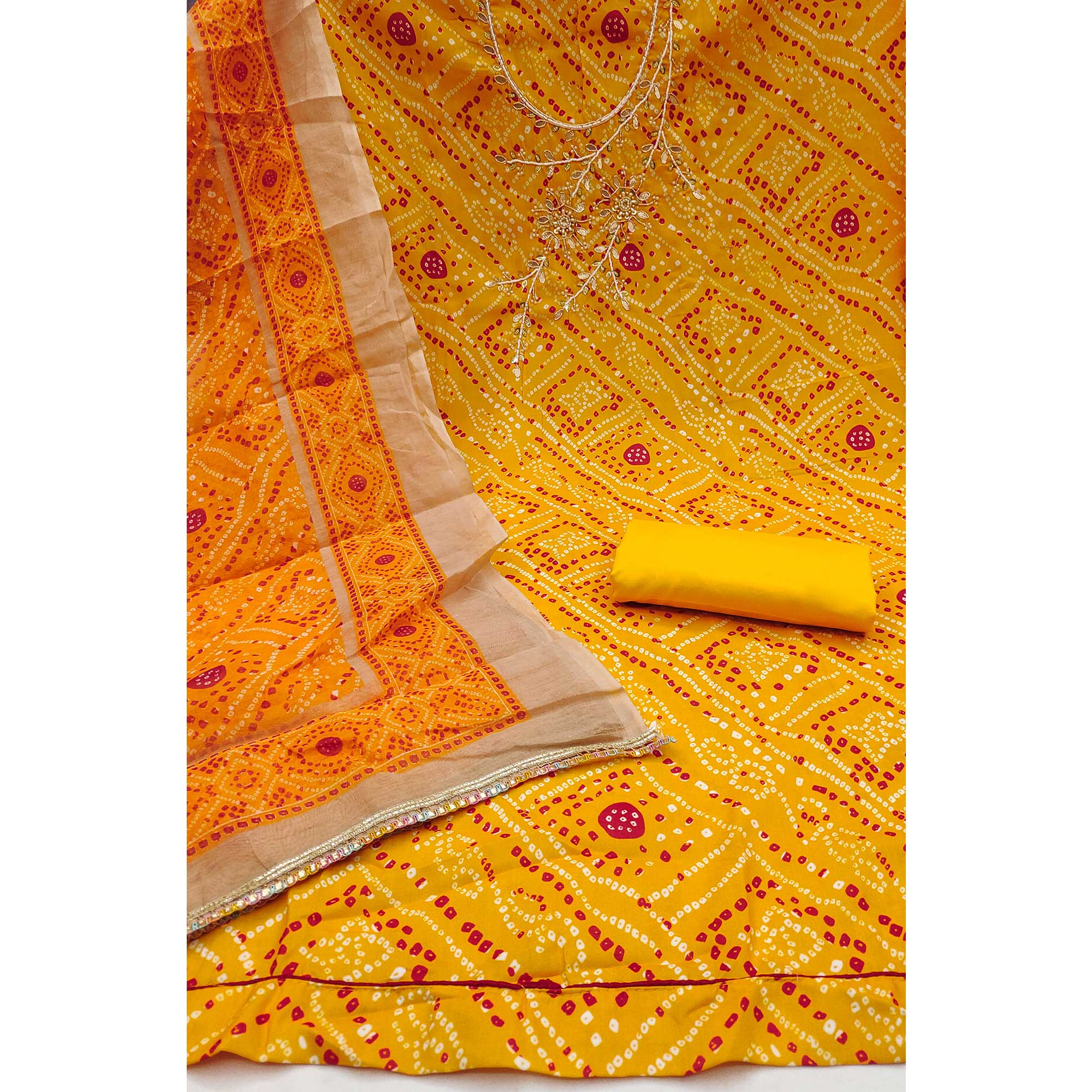 Yellow Bandhani Print Unstitched Dress Material with Beautiful Gotta Patti Work for Festive Wear
