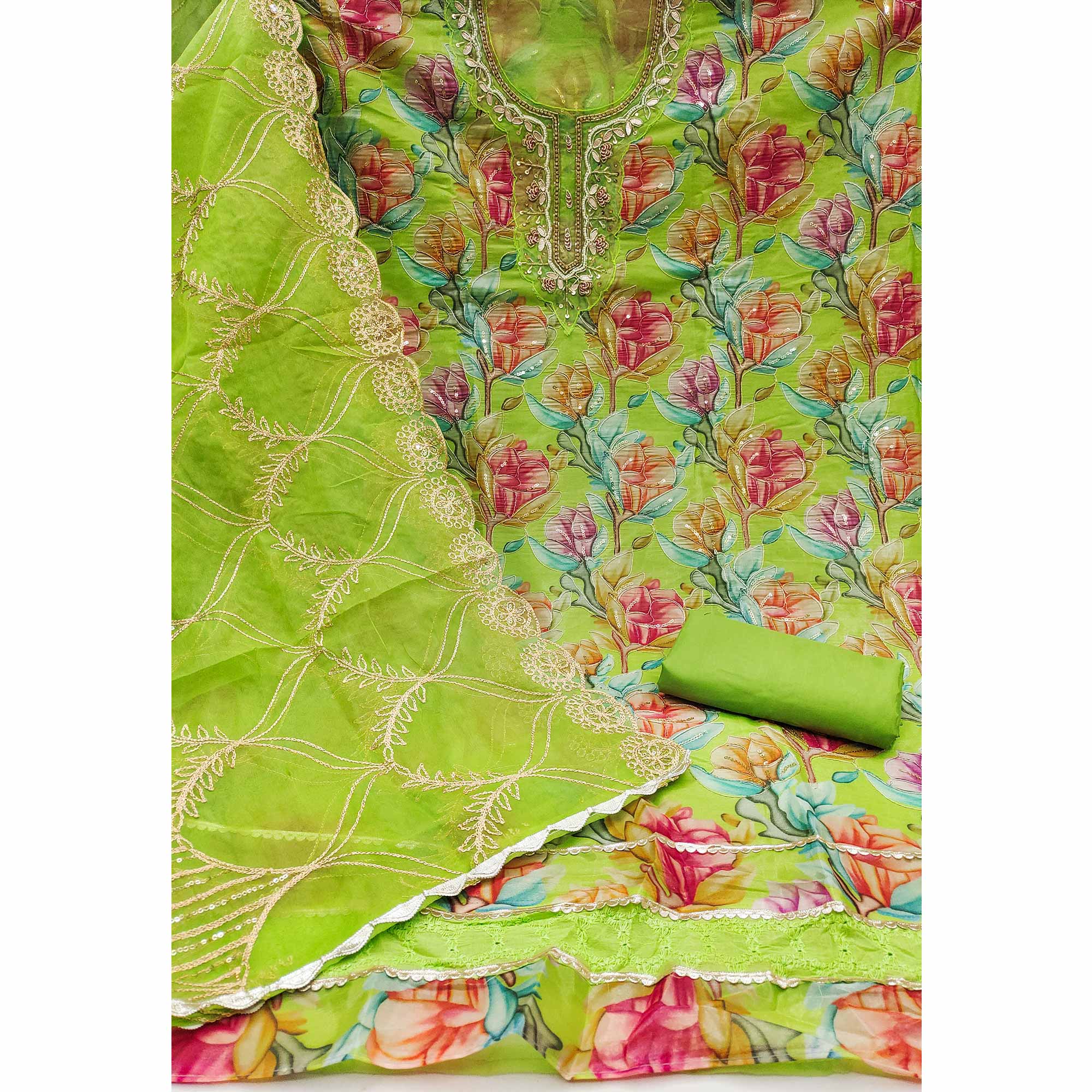 Green Floral Printed Organza Suit Fabric Adorned with Delicate Hand Beads Work