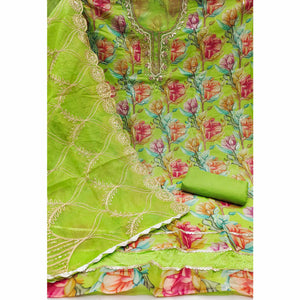 Green Floral Printed Organza Suit Fabric Adorned with Delicate Hand Beads Work