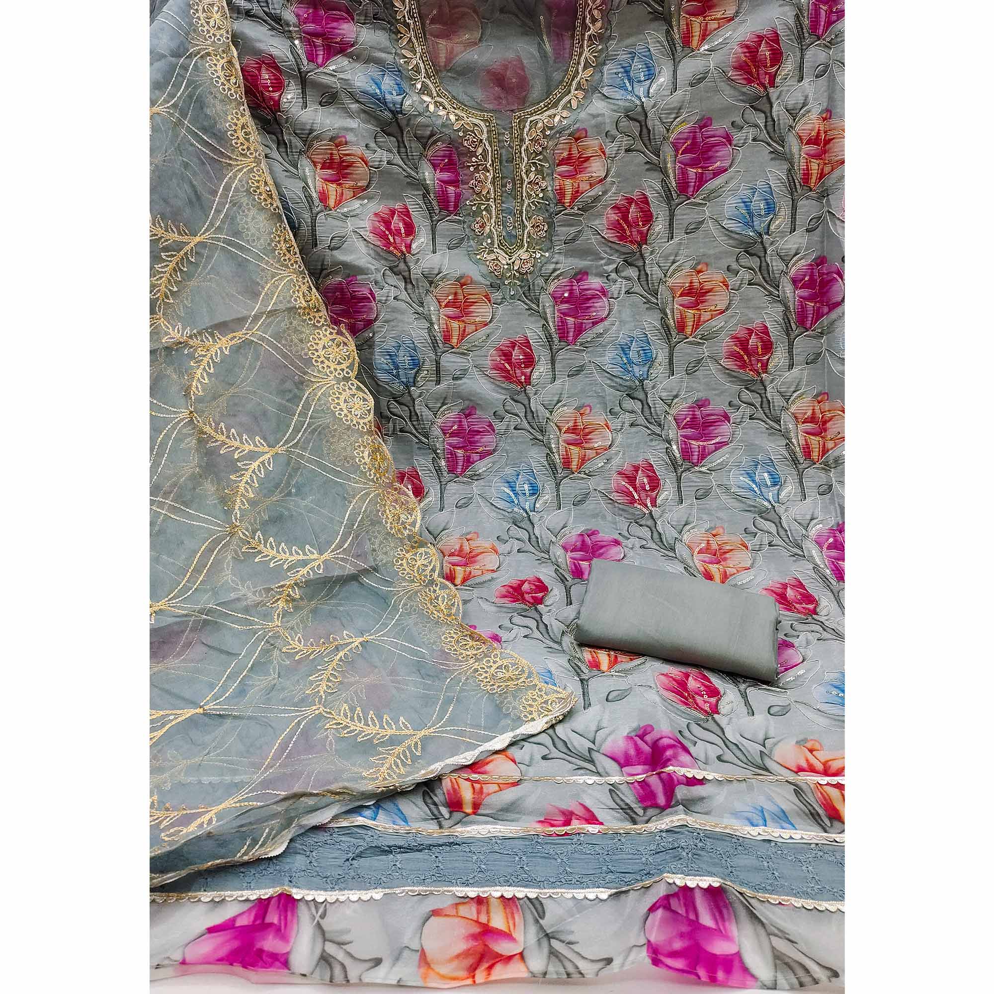 Grey Floral Printed Organza Suit Fabric Adorned with Delicate Hand Beads Work