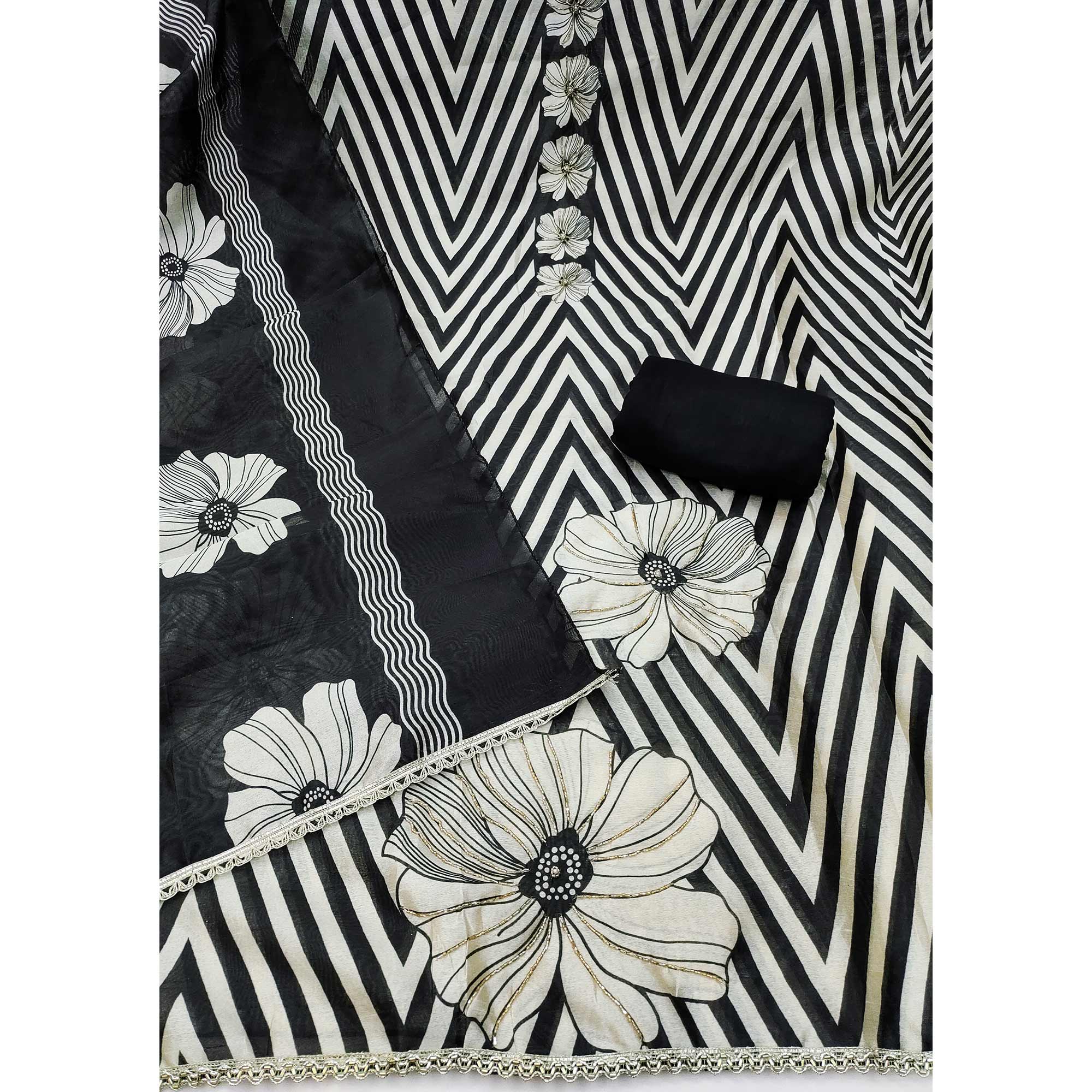 Black Digital Printed Cotton Silk Dress Material Featuring Floral & Zig Zag Patterns With Handwork