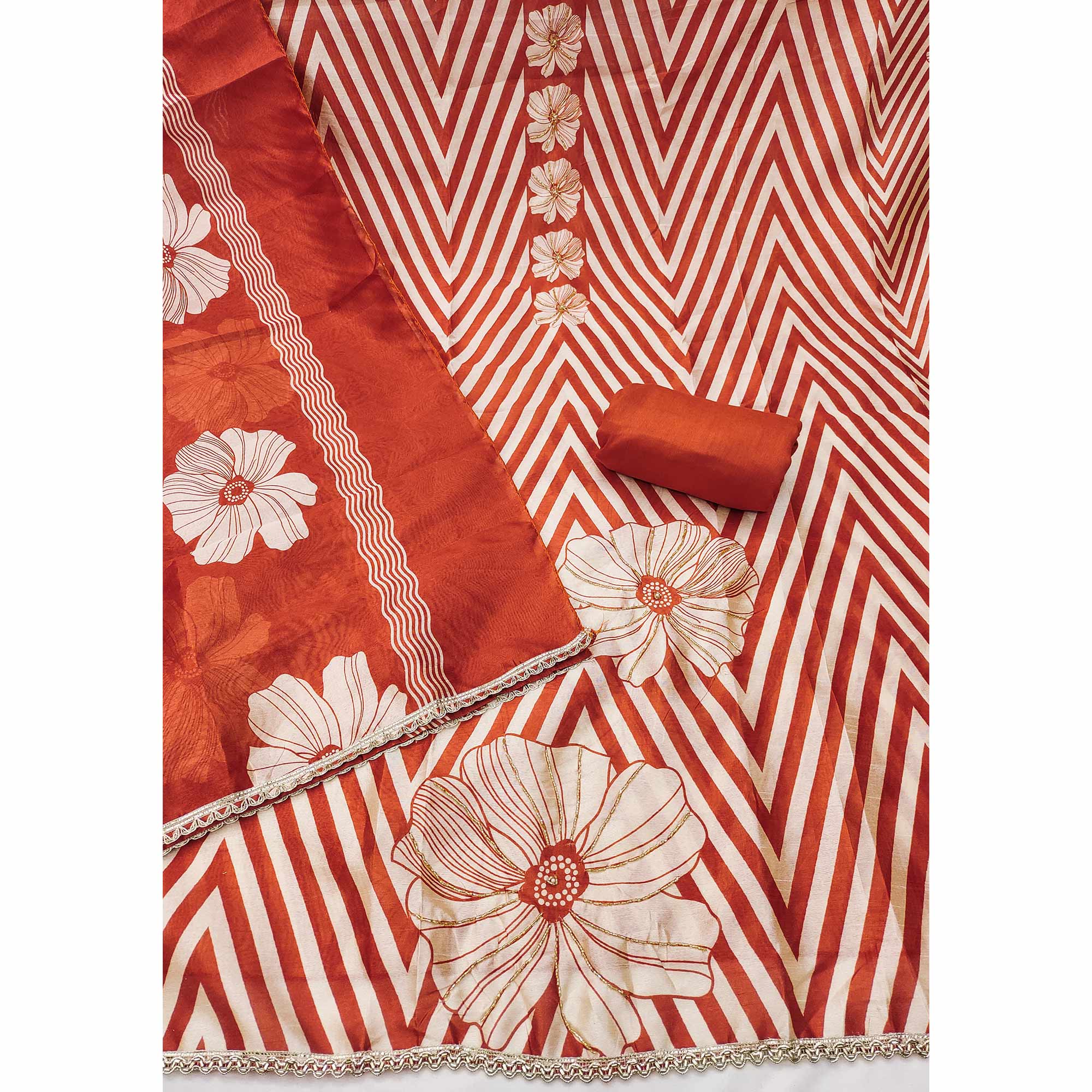 Rust Digital Printed Cotton Silk Dress Material Featuring Floral & Zig Zag Patterns With Handwork