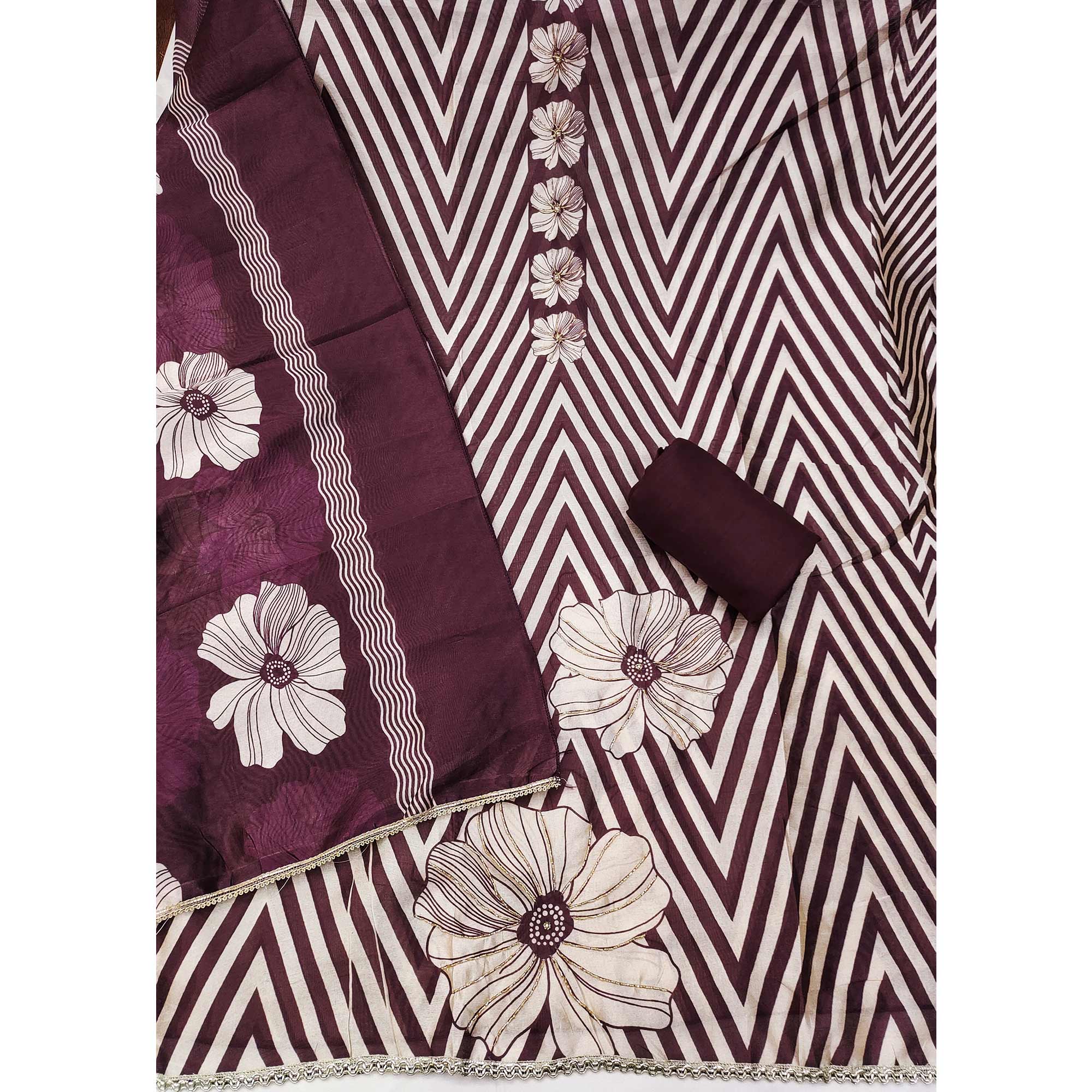 Wine Digital Printed Cotton Silk Dress Material Featuring Floral & Zig Zag Patterns With Handwork