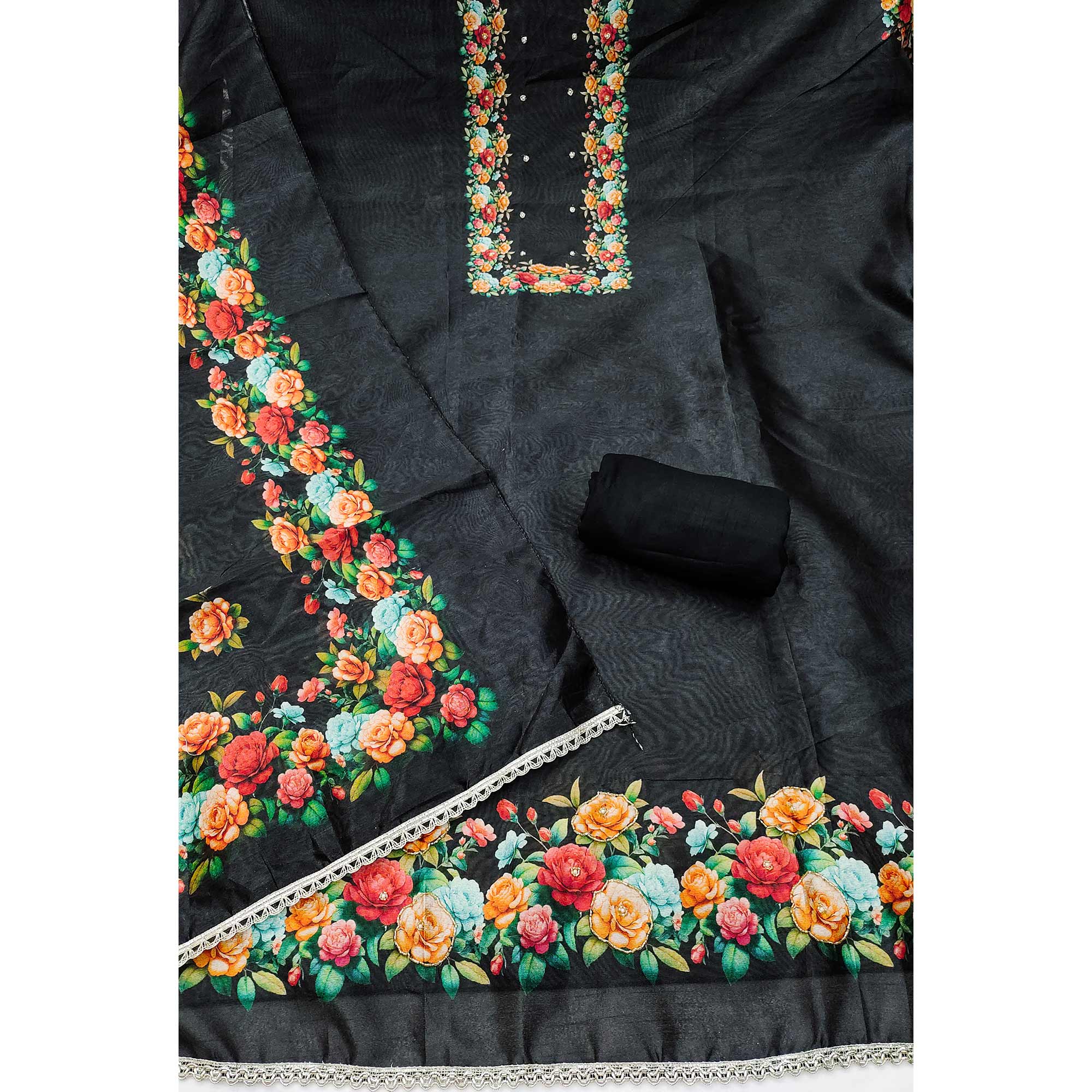 Premium Black Floral Digital Printed Cotton Silk Dress Material With Moti Handwork