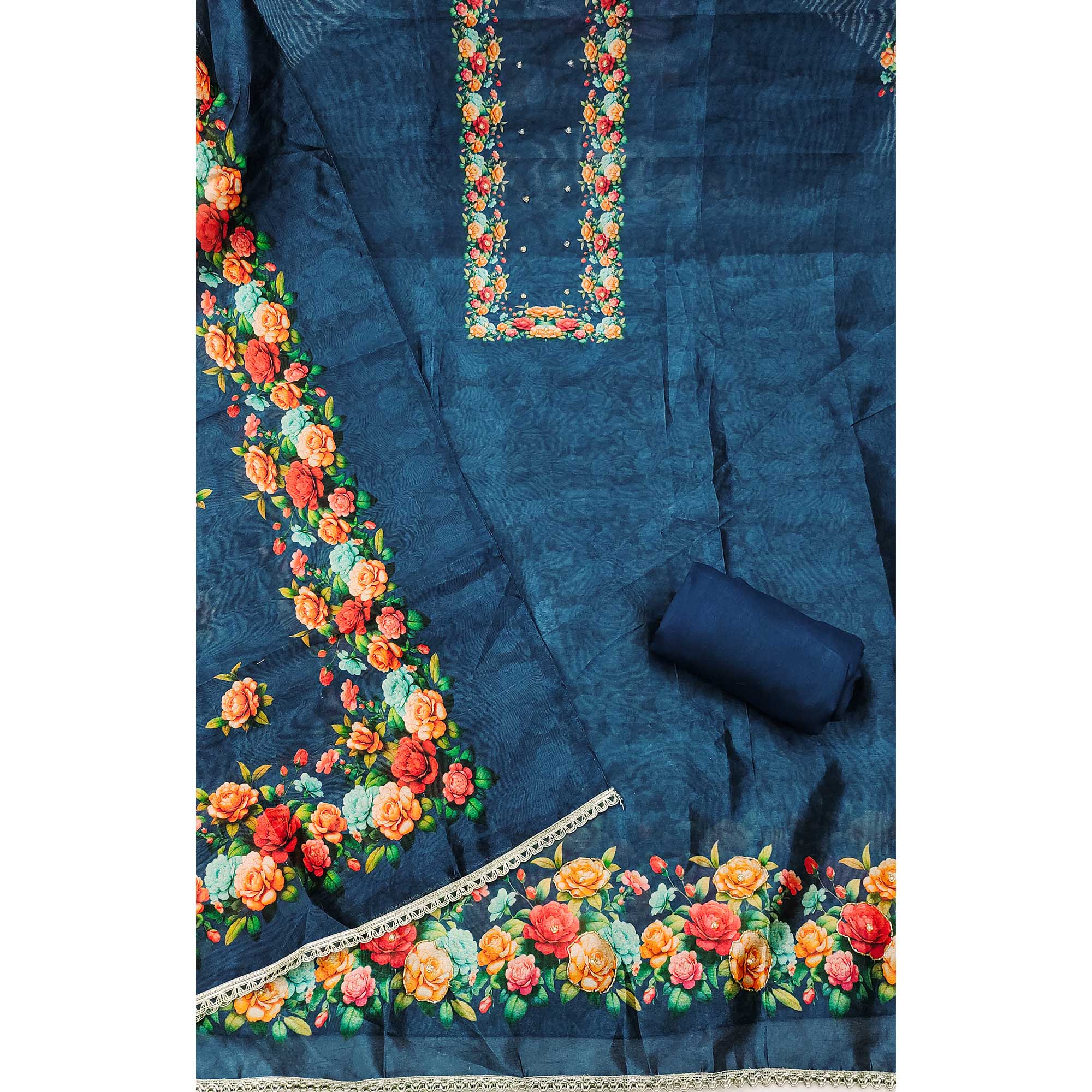 Premium Blue Floral Digital Printed Cotton Silk Dress Material With Moti Handwork