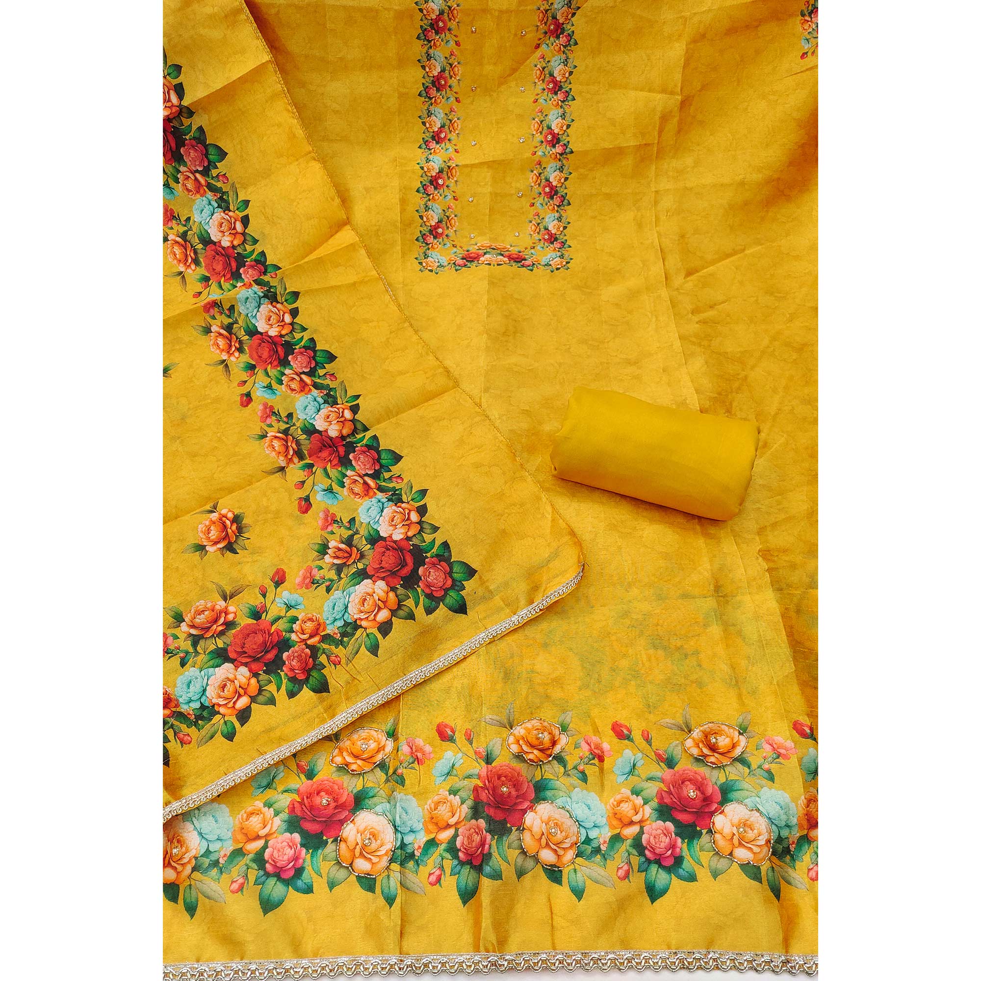 Premium Yellow Floral Digital Printed Cotton Silk Dress Material With Moti Handwork