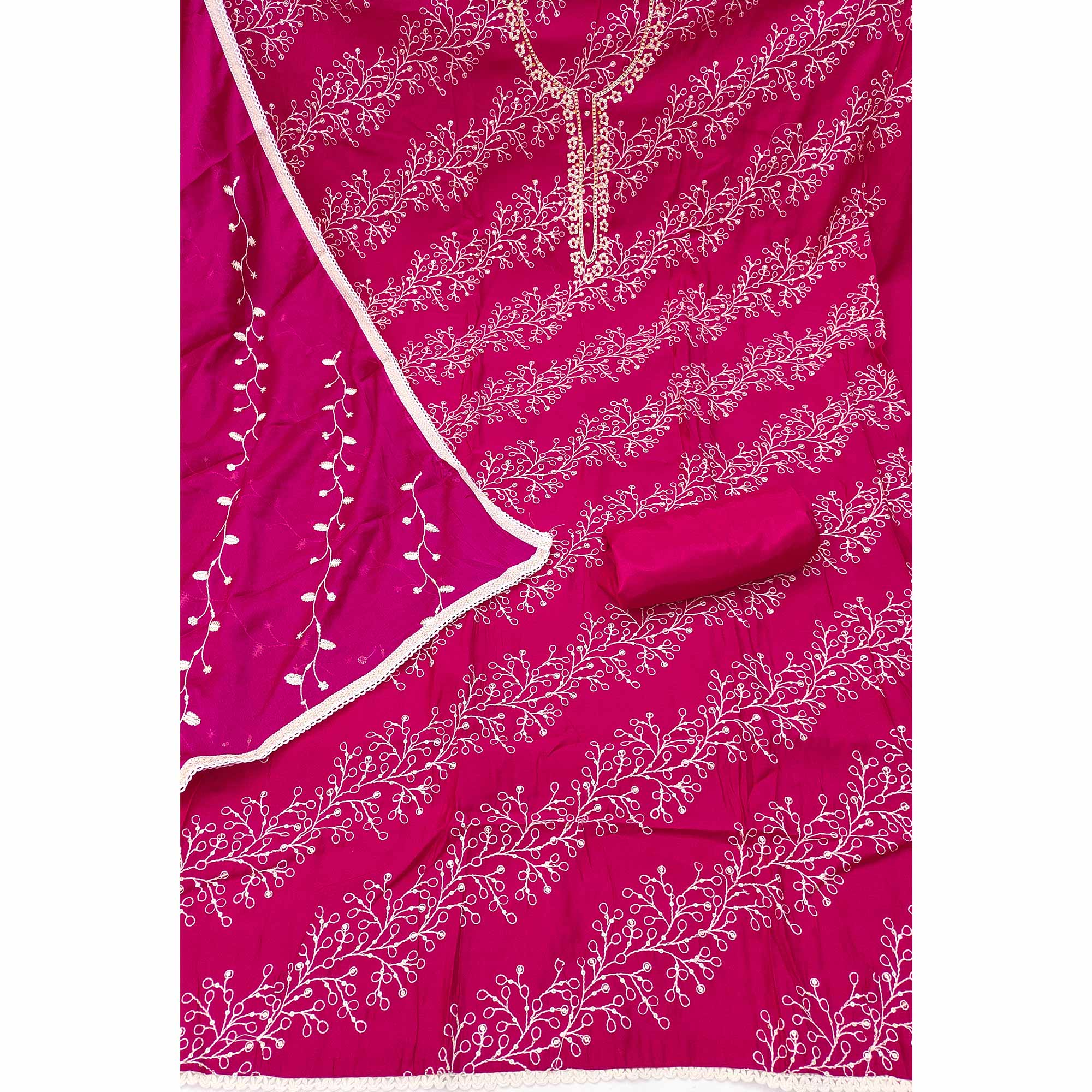 Exclusive Rani Pink Floral Embroidery Cotton Silk Dress Material Enhanced With Moti & Sequins Work