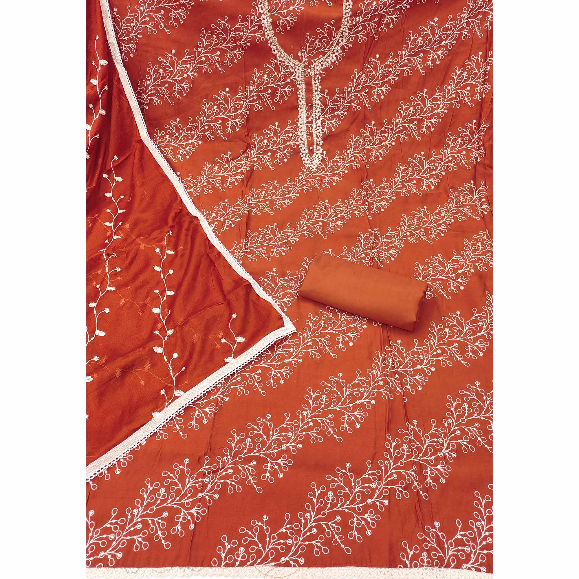 Exclusive Rust Floral Embroidery Cotton Silk Dress Material Enhanced With Moti & Sequins Work