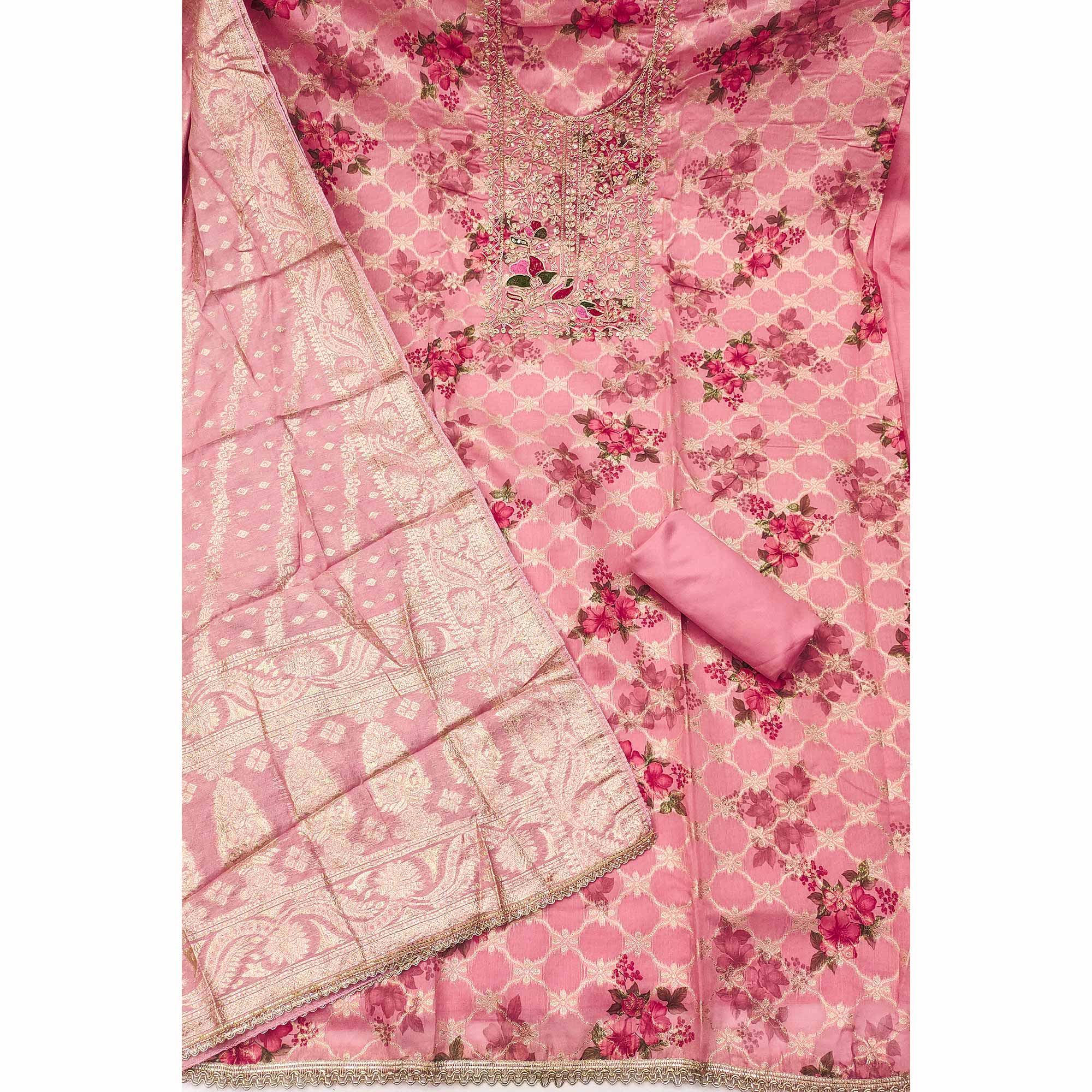Designer Pink Floral Weaving Banarasi Silk Dress Material With Intricate Cording Embroidery