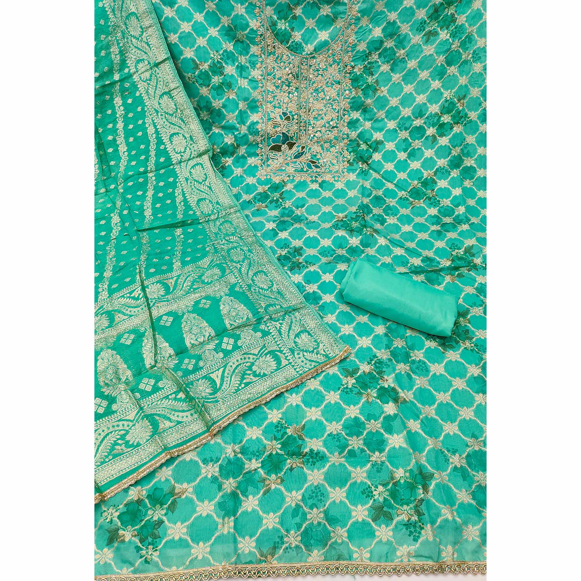 Designer Turquoise Floral Weaving Banarasi Silk Dress Material With Intricate Cording Embroidery