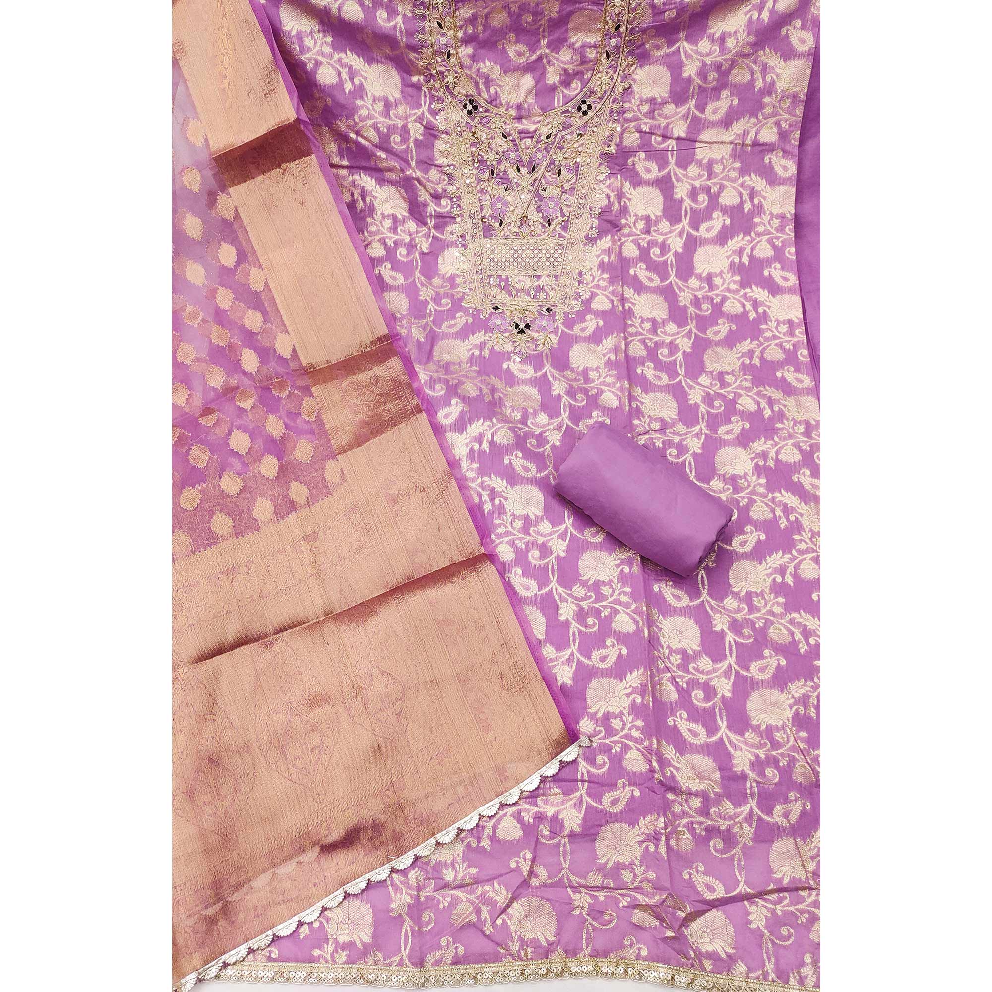 Lavender Banarasi Silk Dress Material Featuring Floral Weaving With Cording & Sequins Embroidery