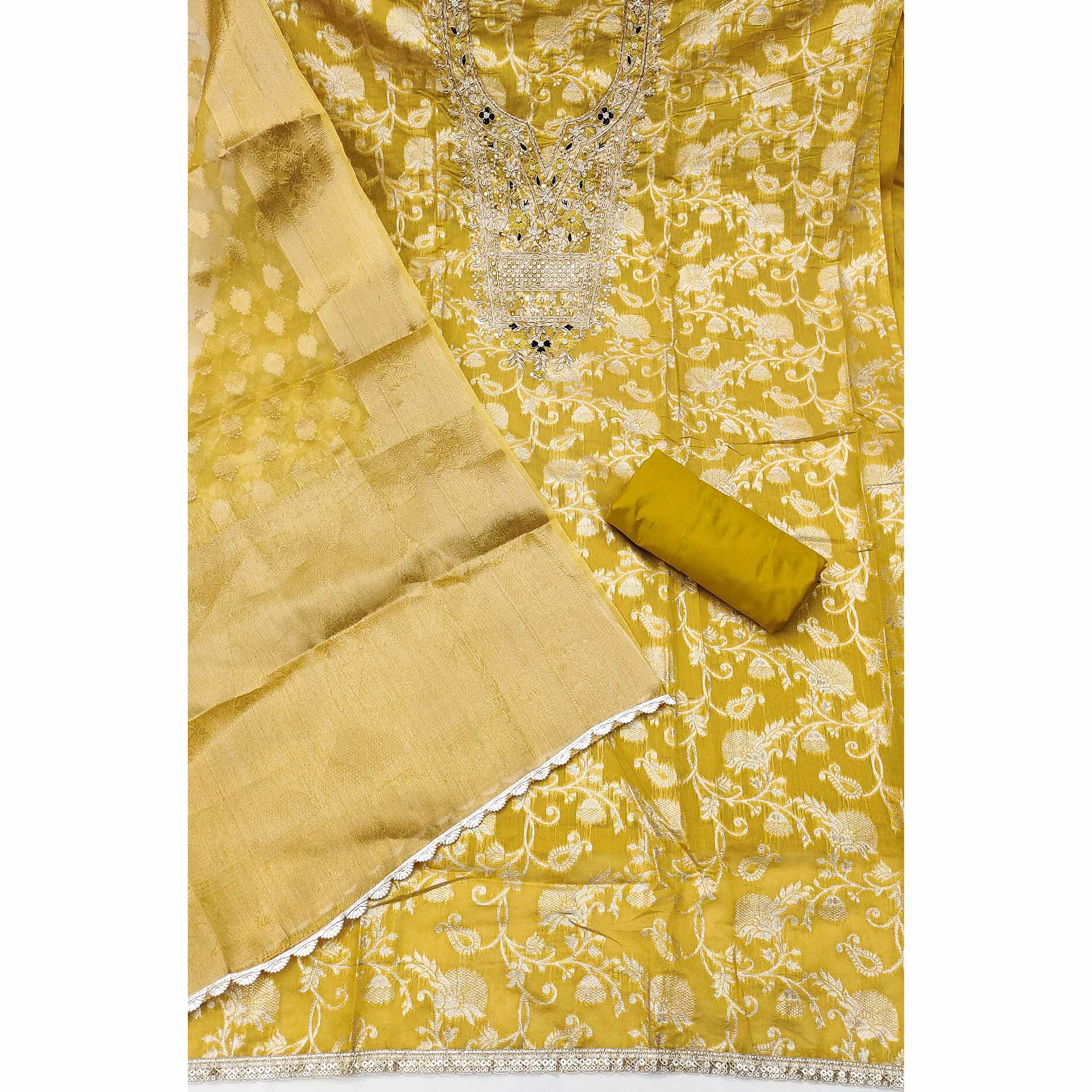 Mustard Banarasi Silk Dress Material Featuring Floral Weaving With Cording & Sequins Embroidery
