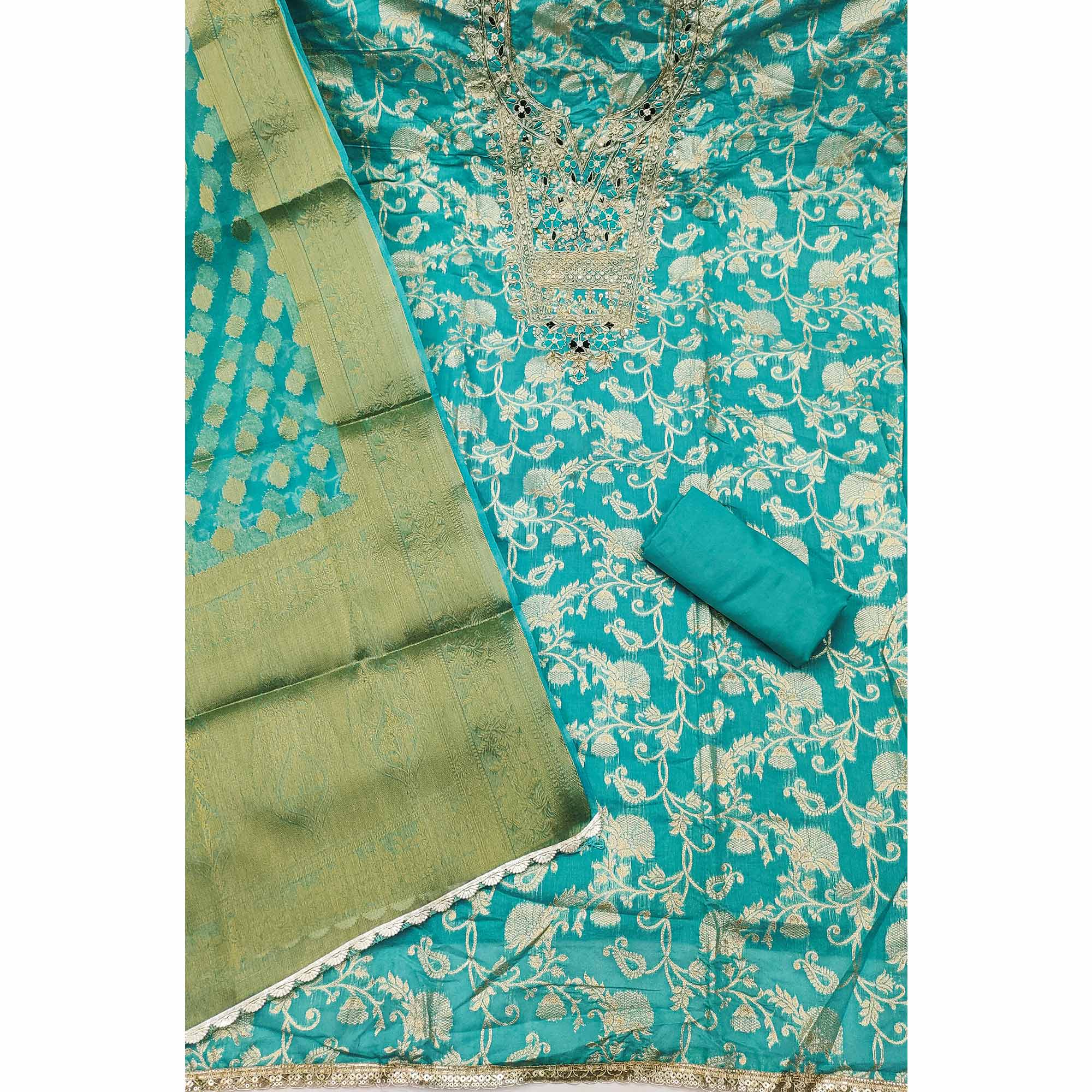 Turquoise Banarasi Silk Dress Material Featuring Floral Weaving With Cording & Sequins Embroidery