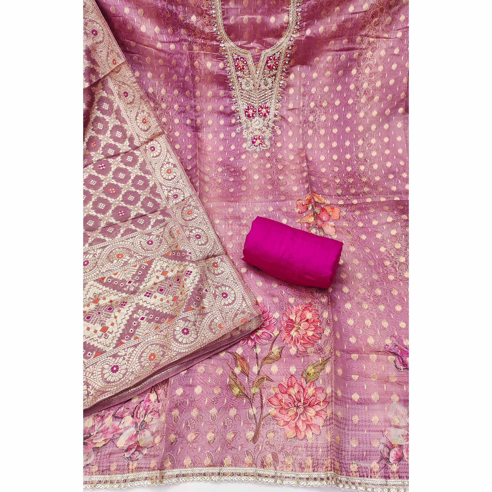 Elegant Light Magenta Floral Weaving & Digital Print Organza Dress Material With Cording Embroidery