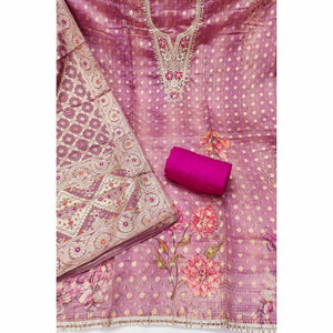 Elegant Light Magenta Floral Weaving & Digital Print Organza Dress Material With Cording Embroidery