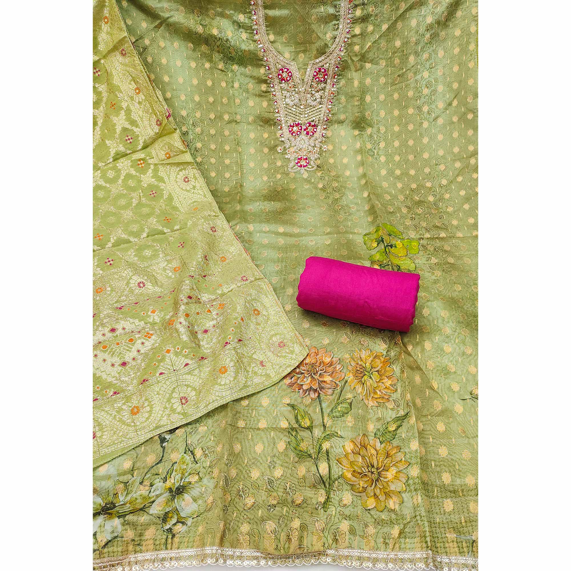 Elegant Pista Green Floral Weaving & Digital Print Organza Dress Material With Cording Embroidery