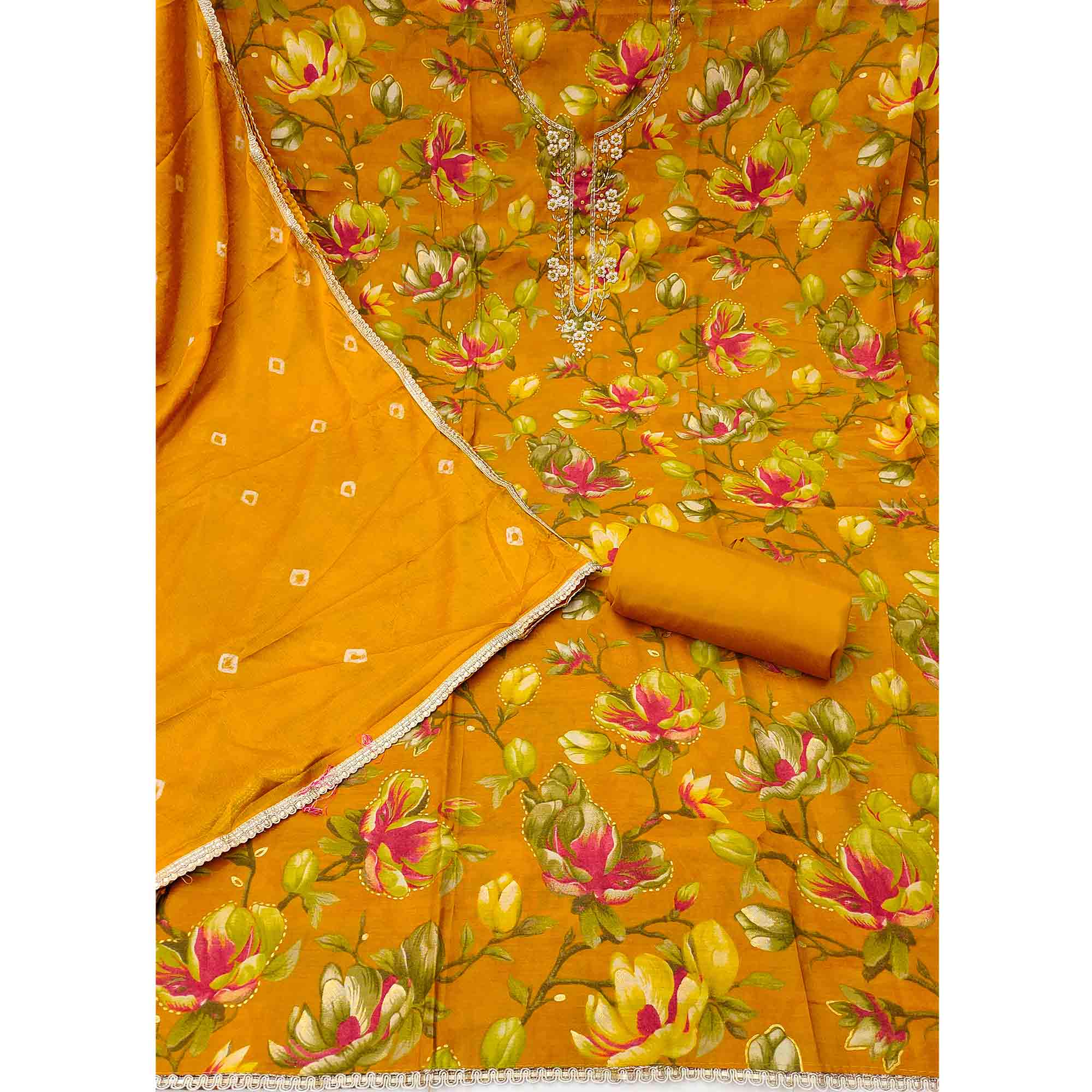 Exclusive Mustard Floral Printed Cotton Silk Dress Material Adorned With Beads & Moti Handwork