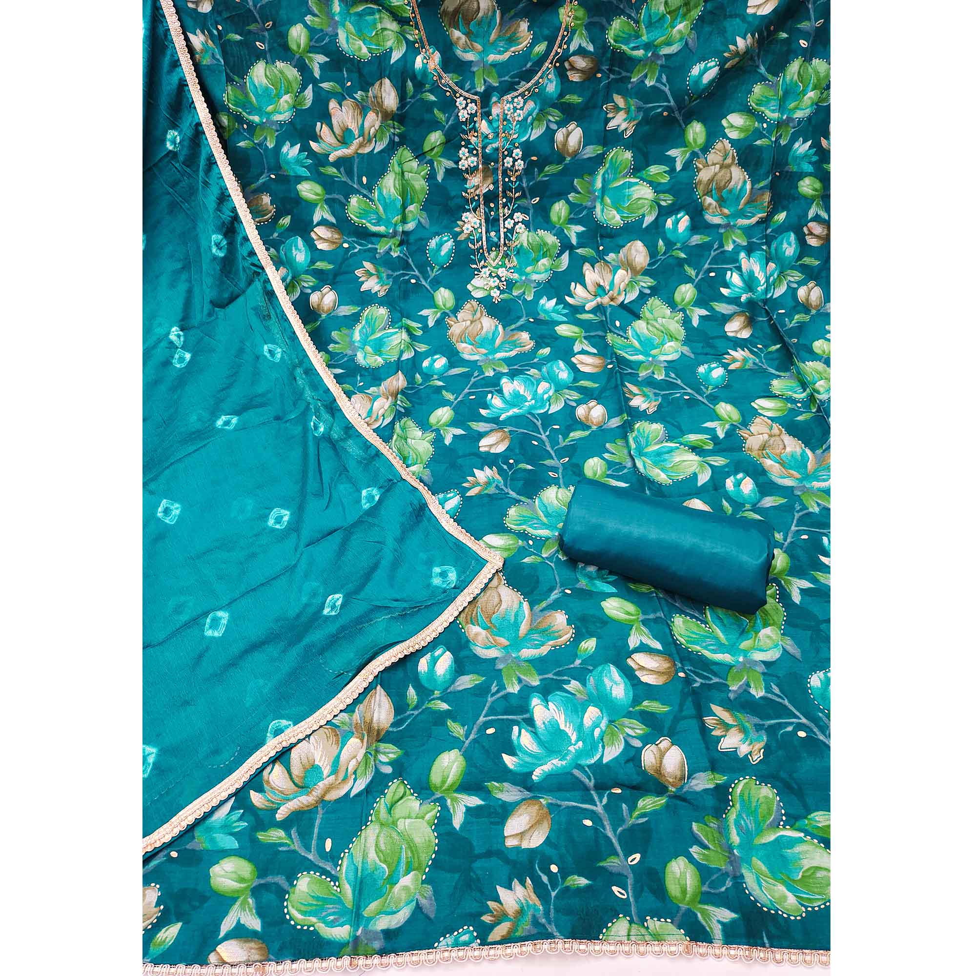 Exclusive Teal Floral Printed Cotton Silk Dress Material Adorned With Beads & Moti Handwork