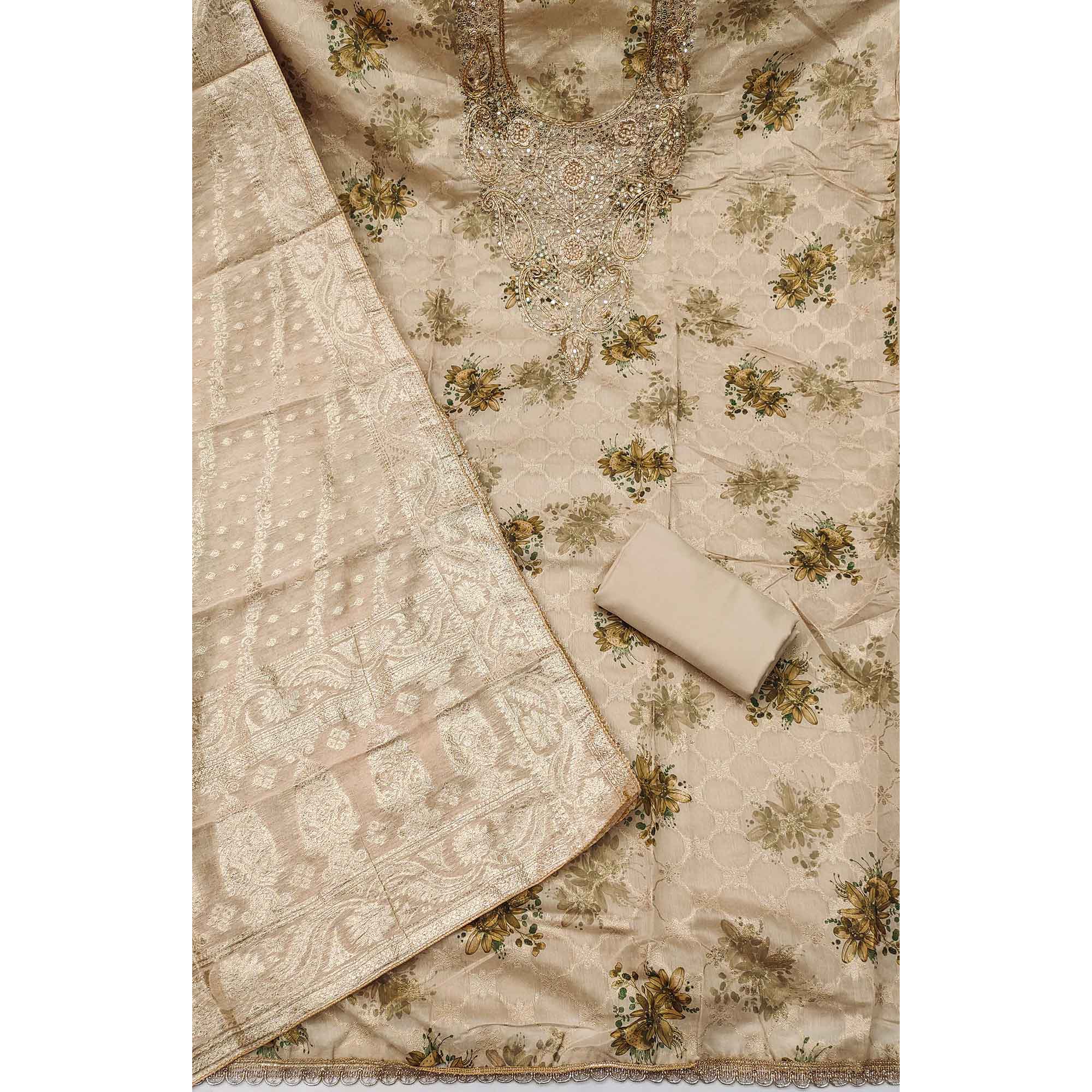 Beige Floral Weaving & Digital Printed Banarasi Silk Dress Material With Cording Embroidery