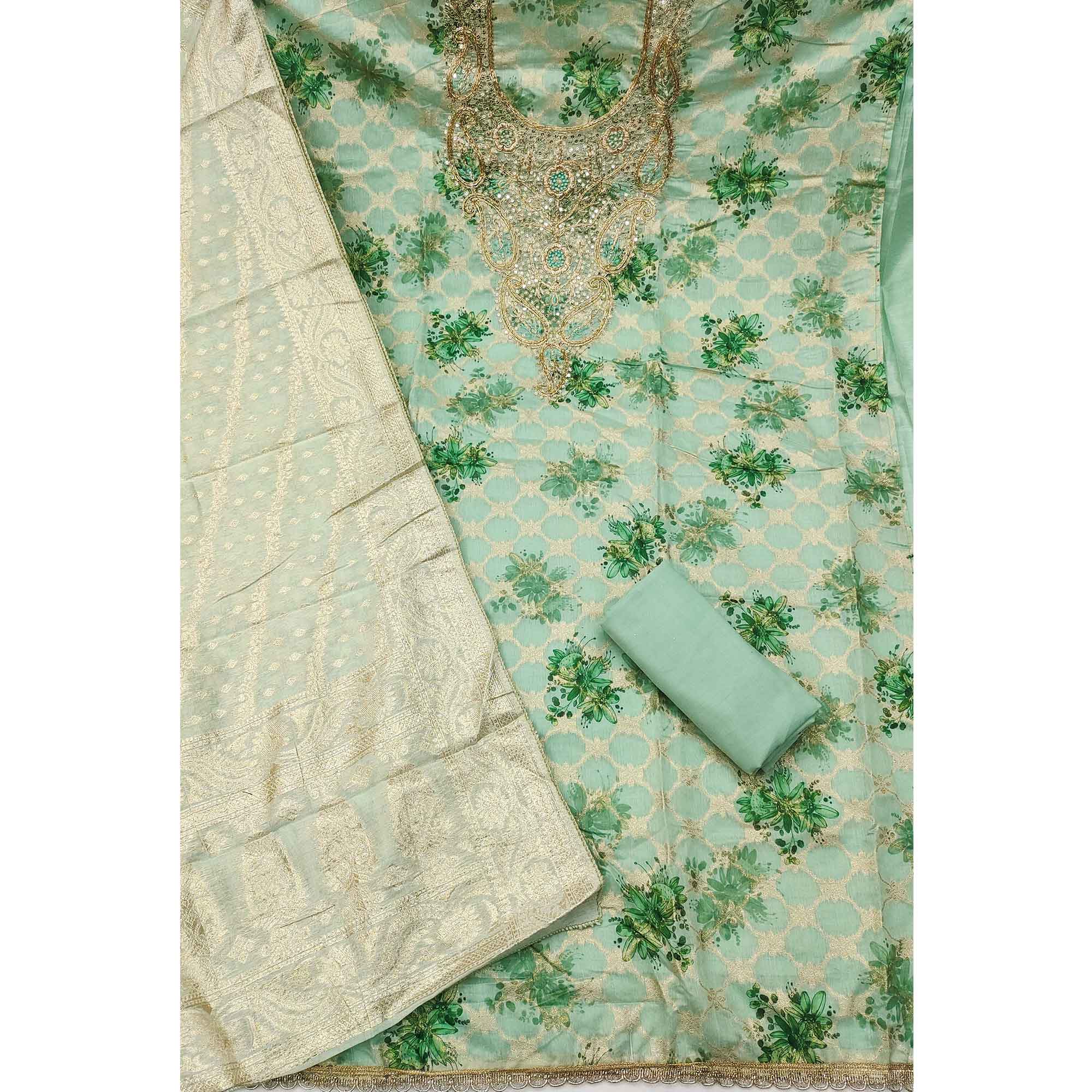 Green Floral Weaving & Digital Printed Banarasi Silk Dress Material With Cording Embroidery