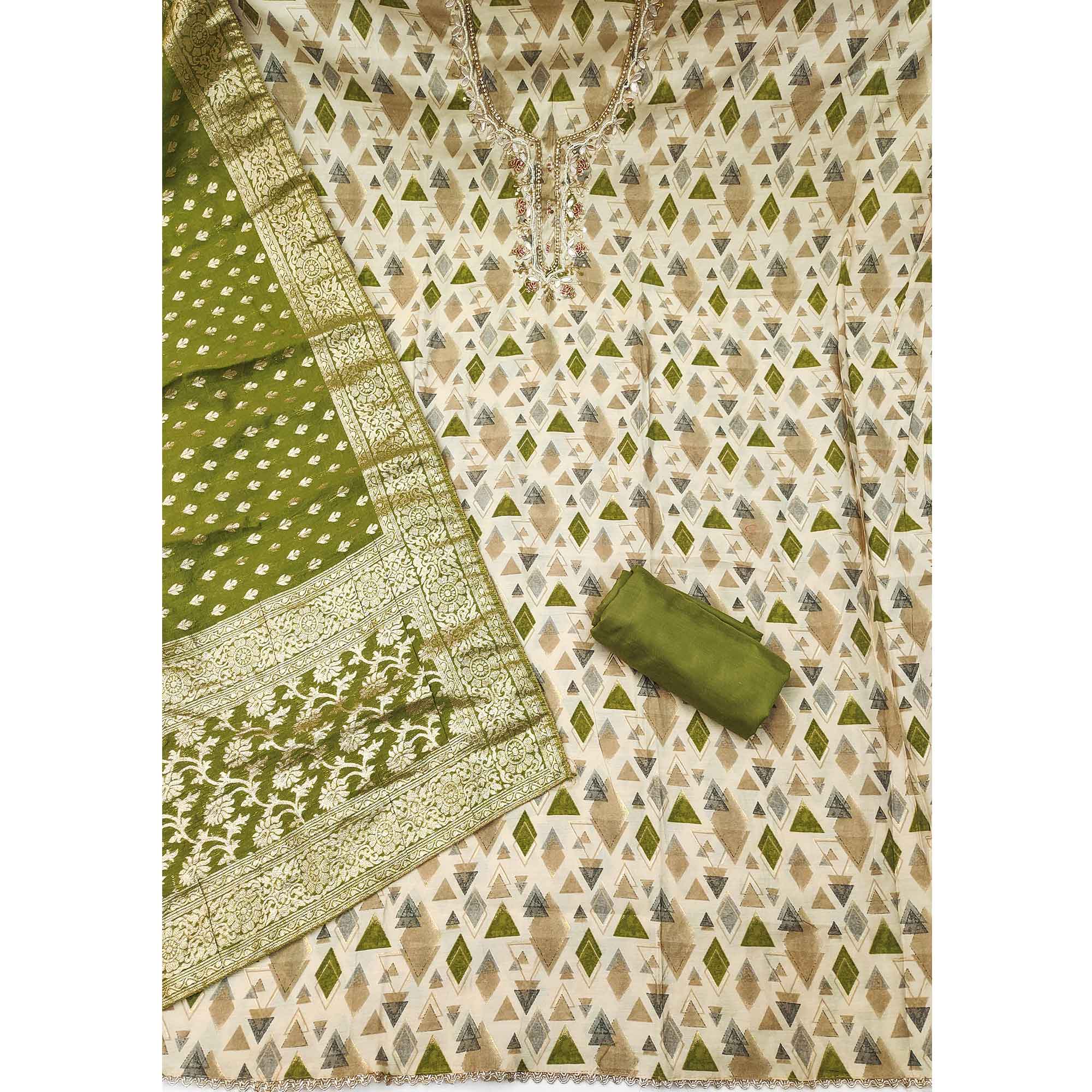 Premium Green Geometric Print Cotton Silk Dress Material Featuring Moti & Sequins Handwork