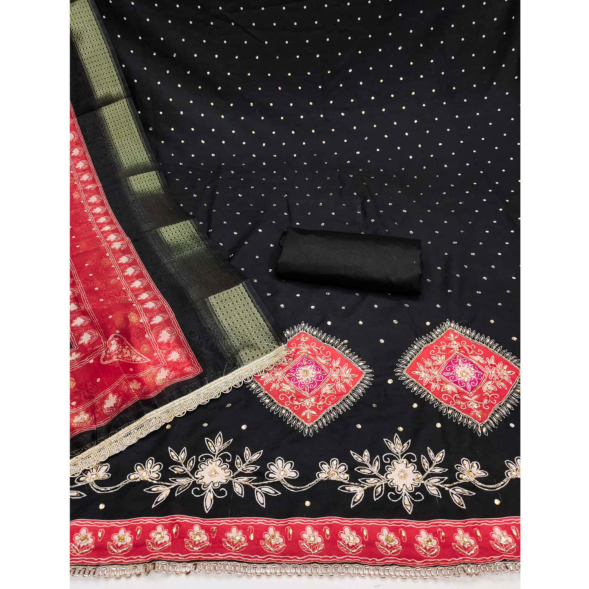 Classic Black Floral Digital Printed With Stone Work Rayon Dress Material