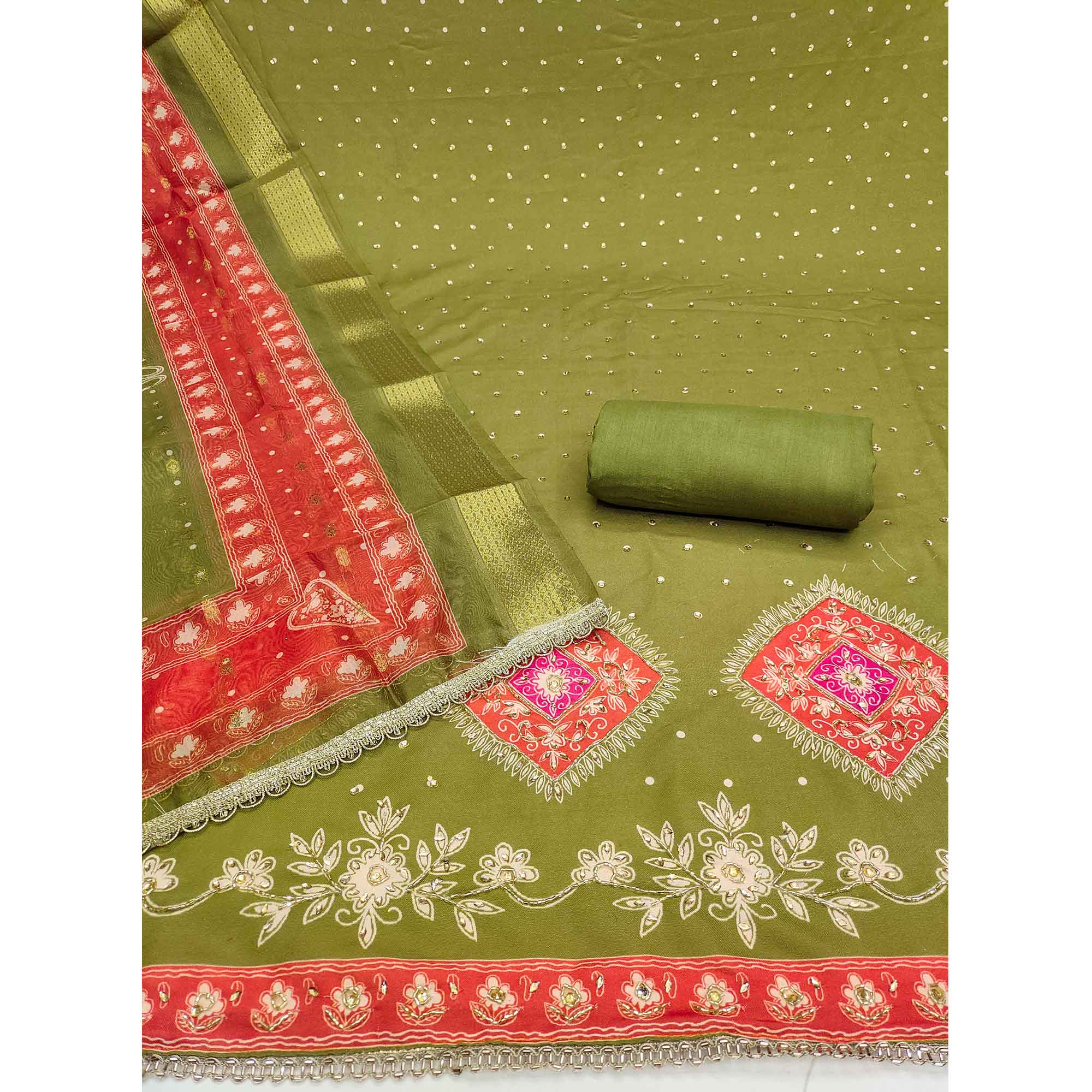 Classic Green Floral Digital Printed With Stone Work Rayon Dress Material