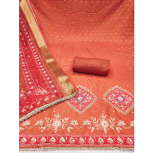 Classic Orange Rust Floral Digital Printed With Stone Work Rayon Dress Material