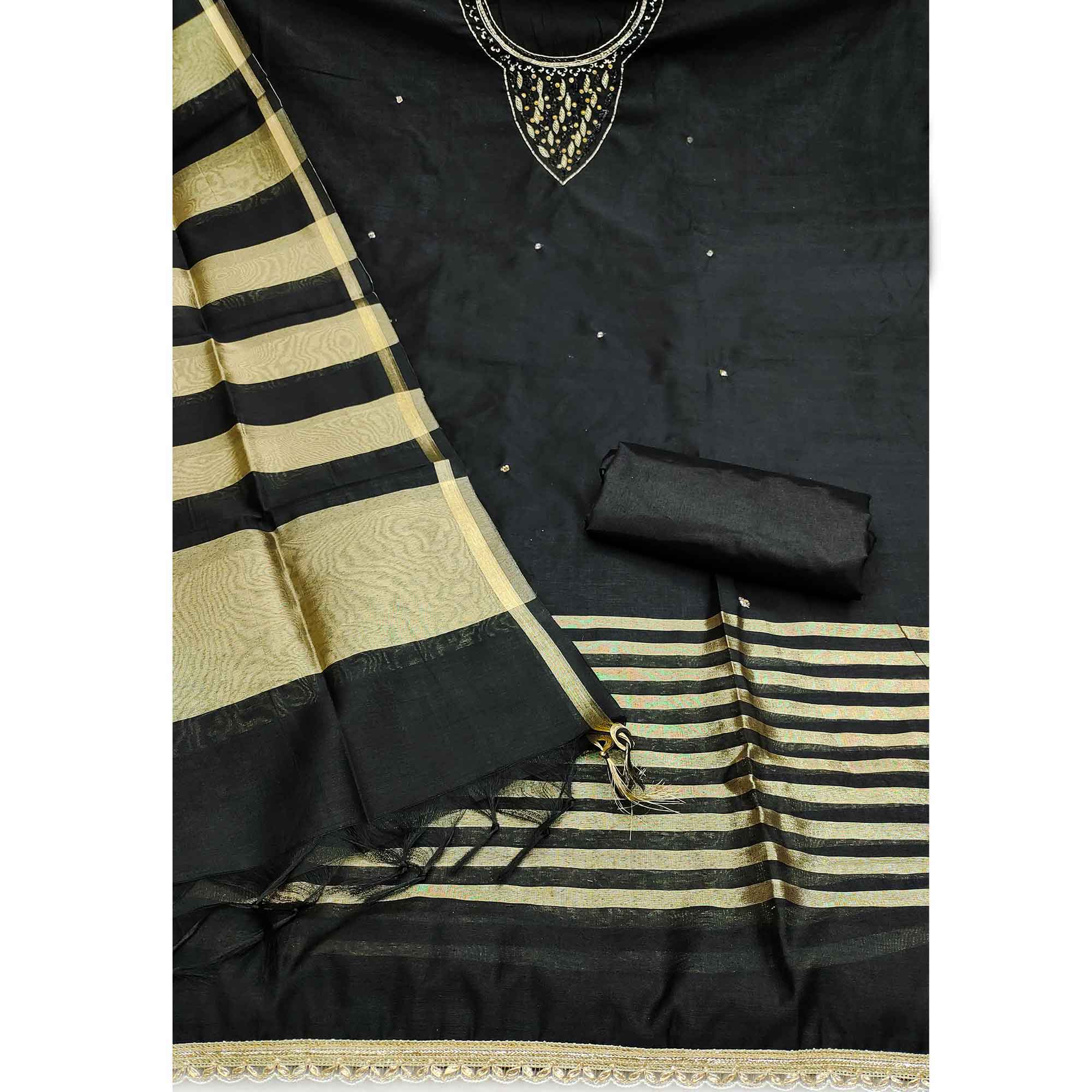 Elegant Black Beads & Sequins Handwork Chanderi Cotton Dress Material With Weaving Striped Pattern