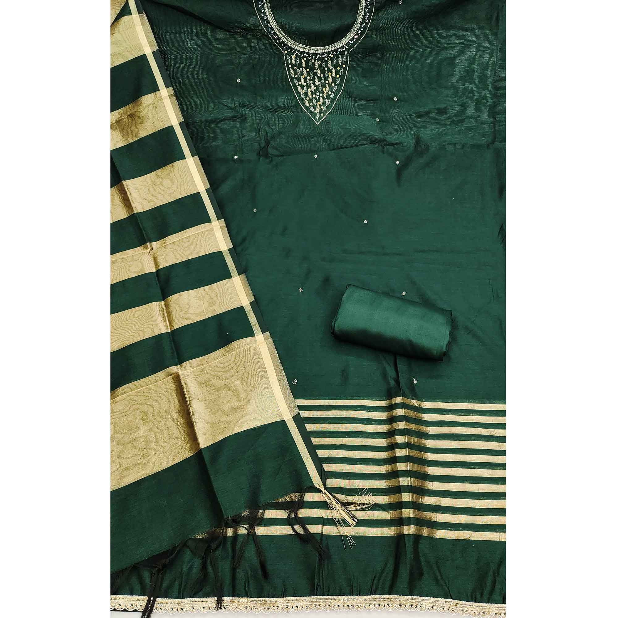 Elegant Green Beads & Sequins Handwork Chanderi Cotton Dress Material With Weaving Striped Pattern