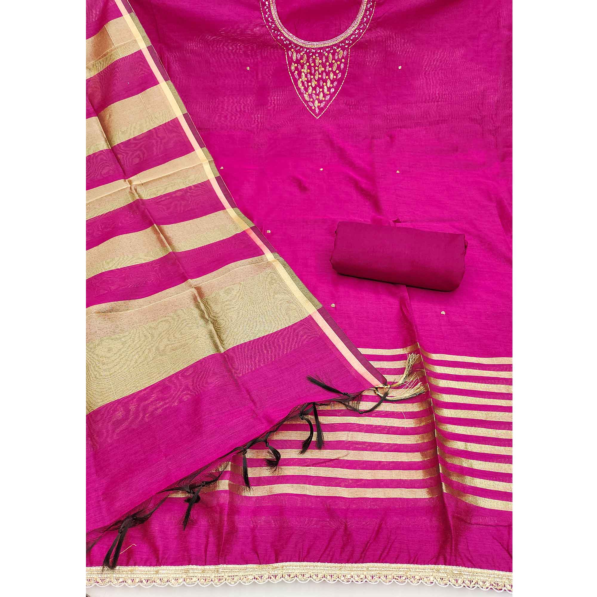 Elegant Pink Beads & Sequins Handwork Chanderi Cotton Dress Material With Weaving Striped Pattern