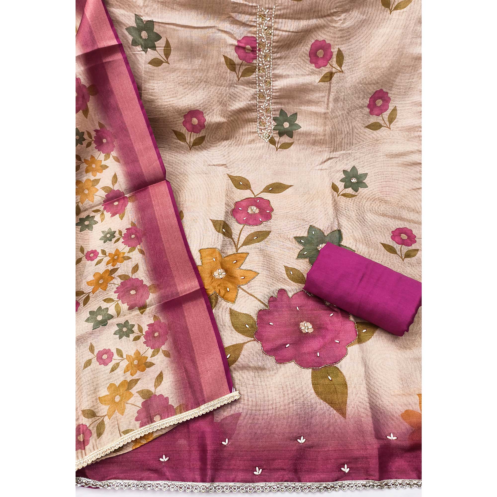 Beige & Magenta Digital Floral Printed Shimmer Dress Material With Pearl & Cutdana Handwork