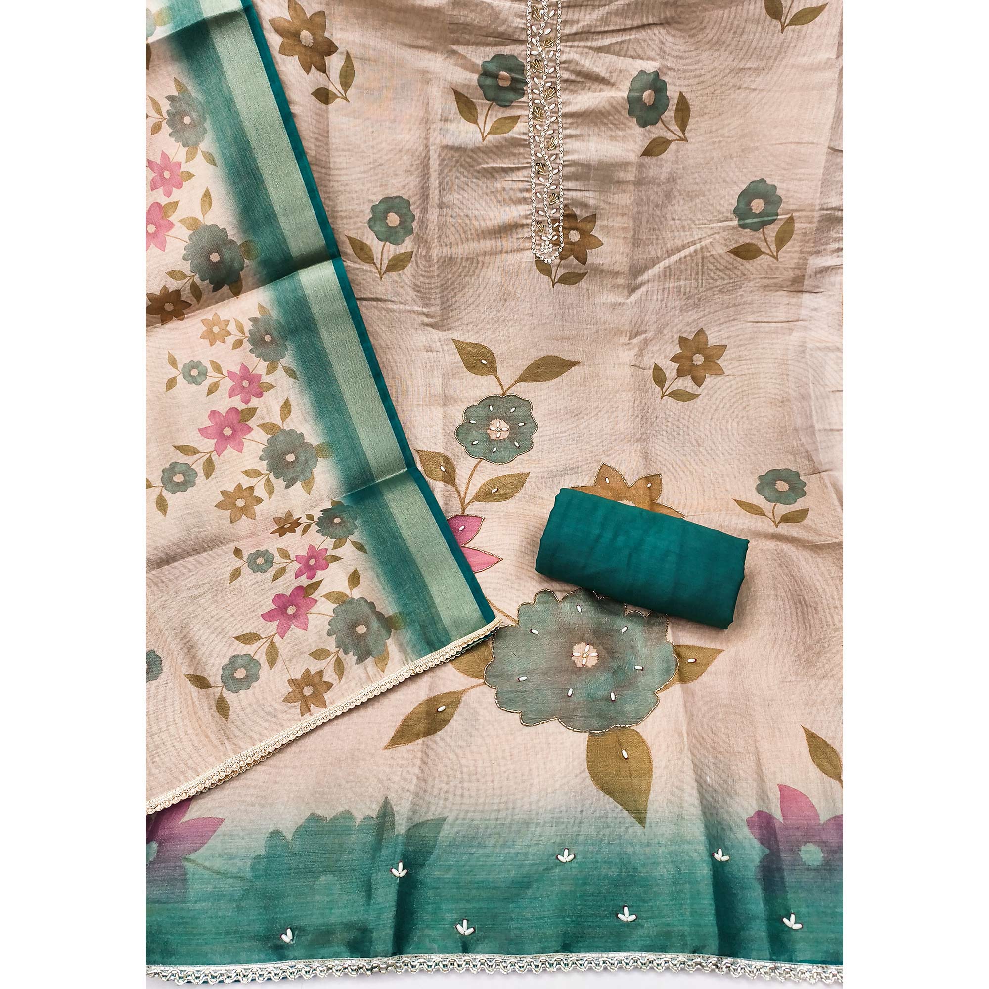 Beige & Teal Digital Floral Printed Shimmer Dress Material With Pearl & Cutdana Handwork