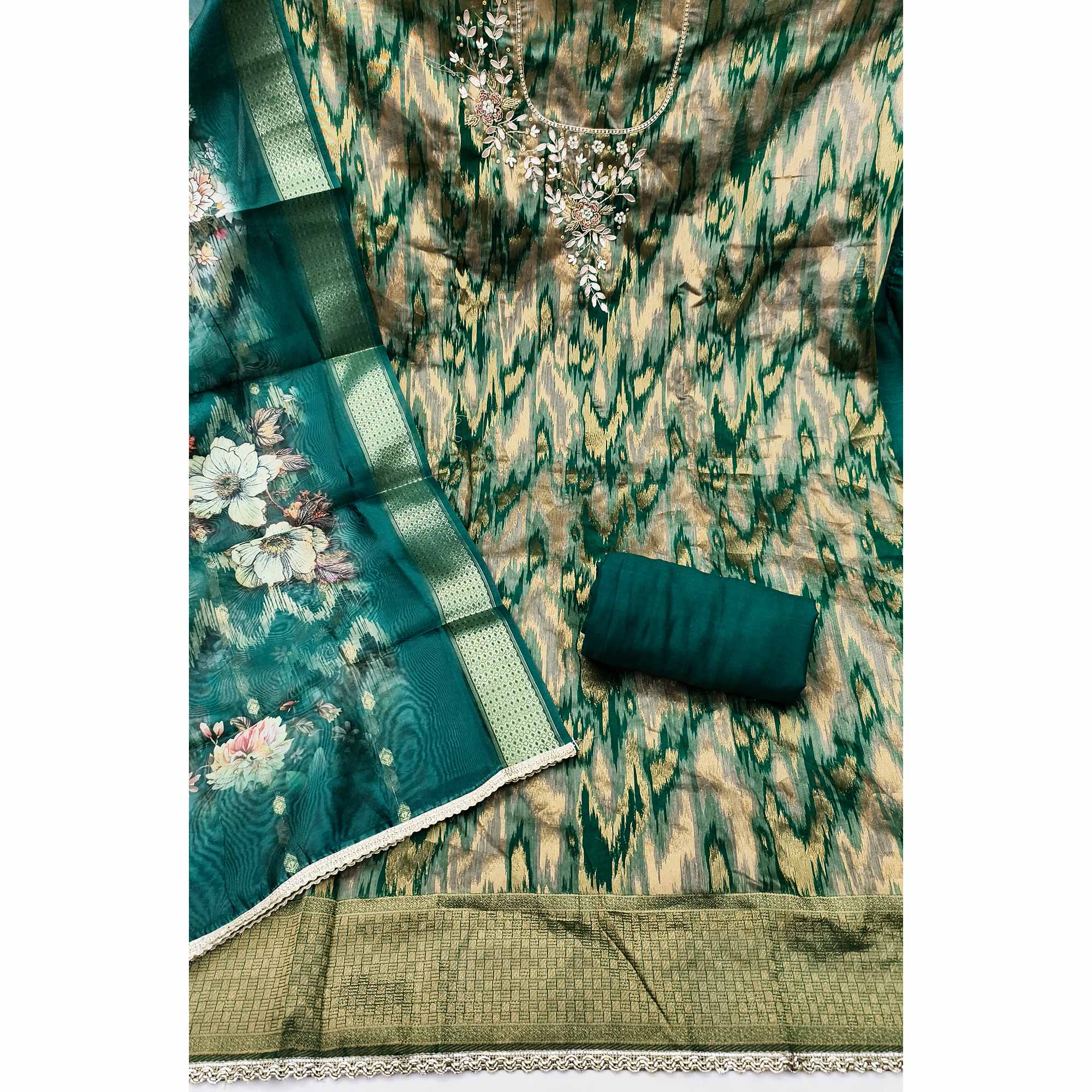 Luxury Teal Green Ikkat Woven Viscose Dress Material Adorned With Floral Pearl & Cutdana Handwork