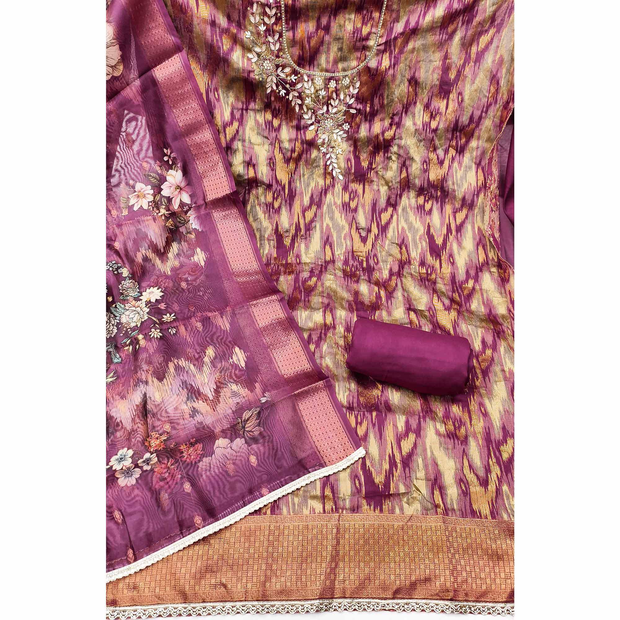Luxury Wine Ikkat Woven Viscose Dress Material Adorned With Floral Pearl & Cutdana Handwork