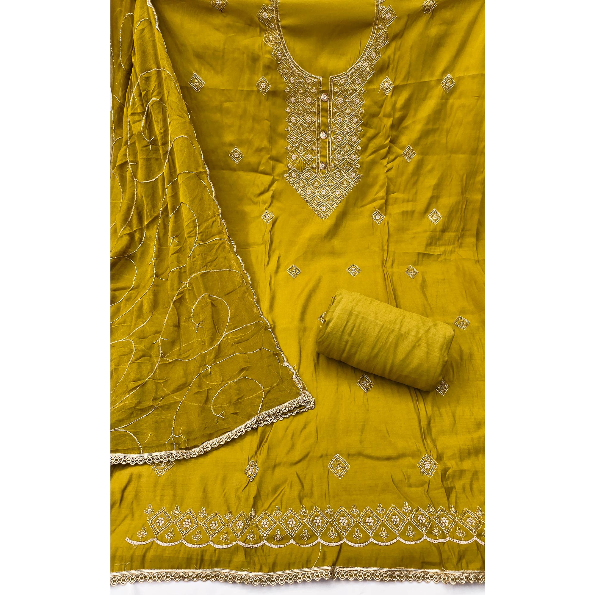 Stylish Mustard Floral Embroidered Viscose Dress Material Showcasing Elegant Cutdana Handwork
