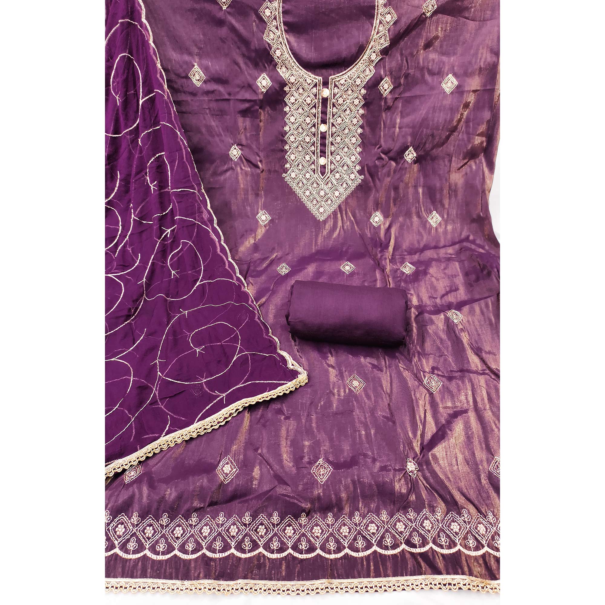 Stylish Purple Floral Embroidered Viscose Dress Material Showcasing Elegant Cutdana Handwork