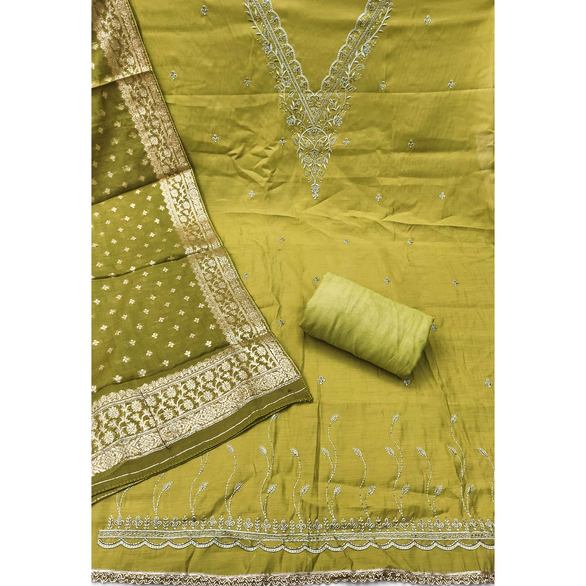 Exclusive Green Floral Embroidery Viscose Dress Material Enhanced With Cutdana Handwork Accents