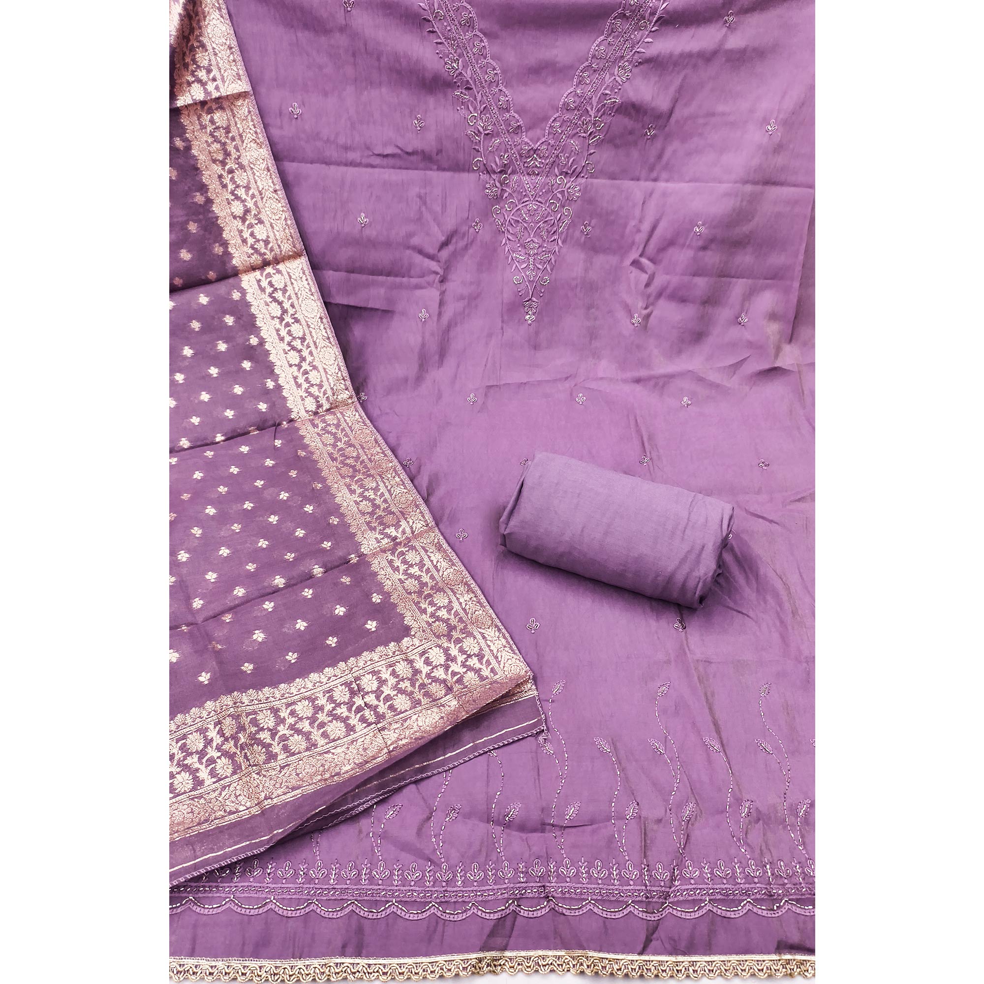 Exclusive Lavender Floral Embroidery Viscose Dress Material Enhanced With Cutdana Handwork Accents