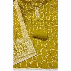 Dark Mustard Floral Weaving Banarasi Silk Dress Material Featuring Sequins & Moti Handwork