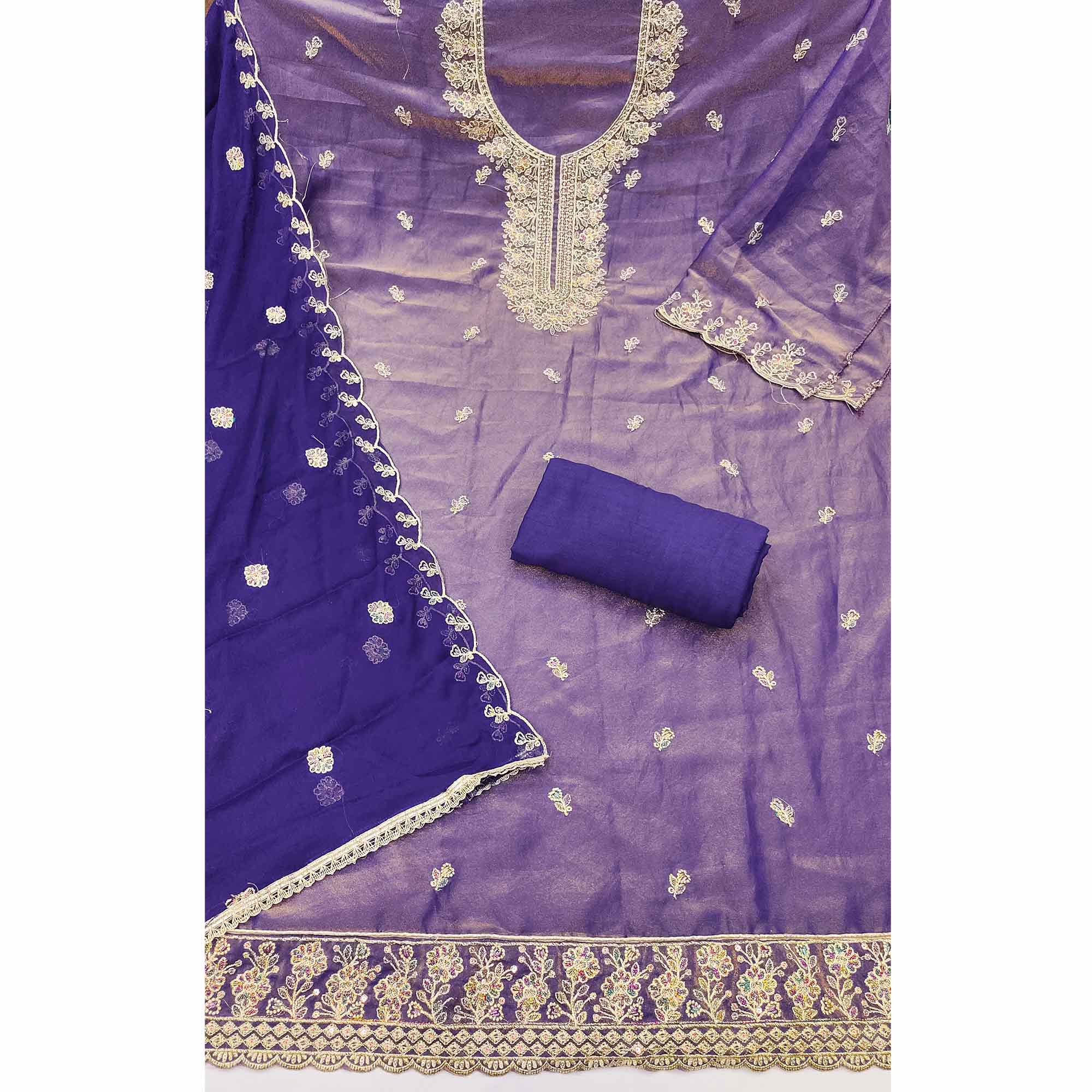 Graceful Royal Purple Floral Sequins Embroidered With Handwork Georgette Dress Material