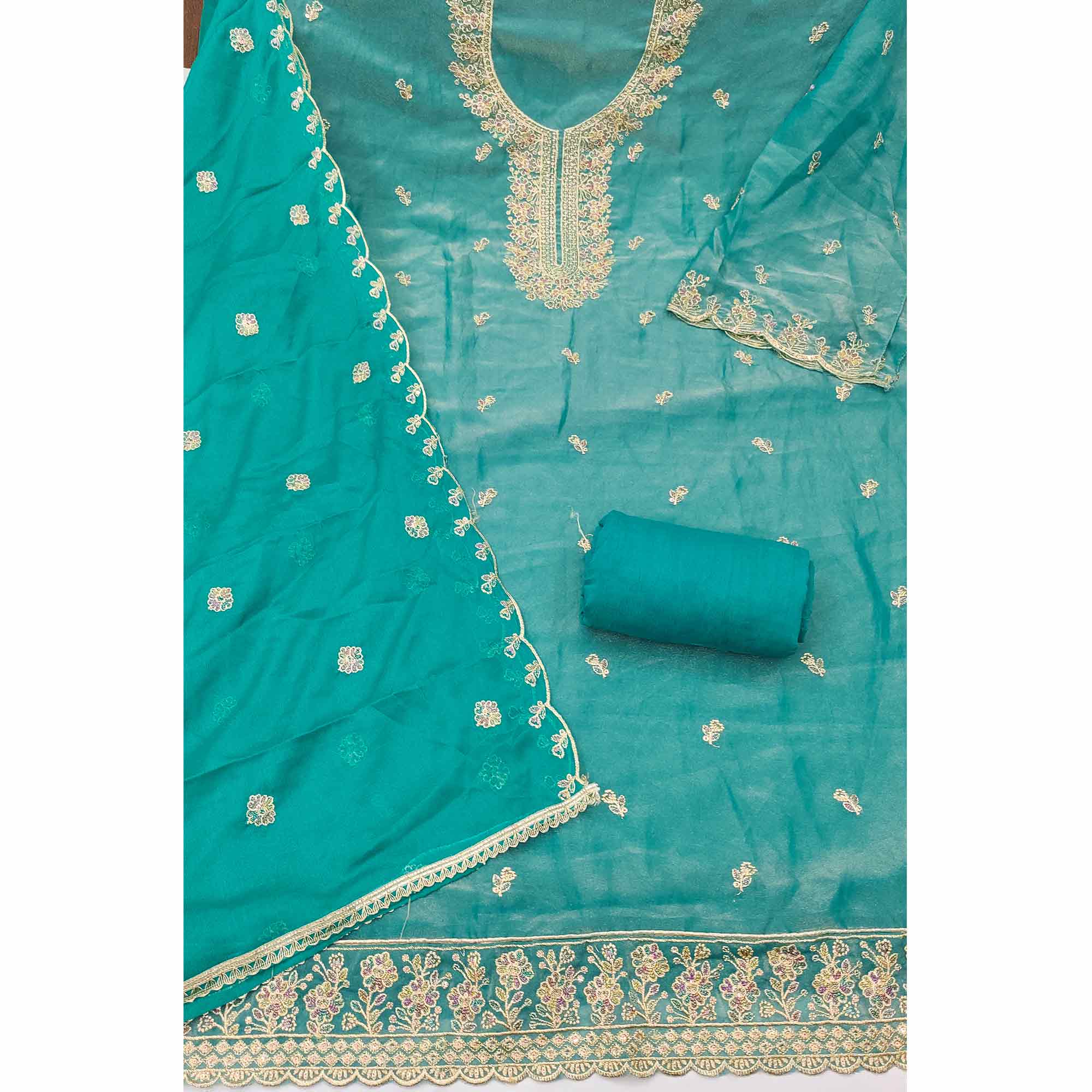 Graceful Turquoise Floral Sequins Embroidered With Handwork Georgette Dress Material