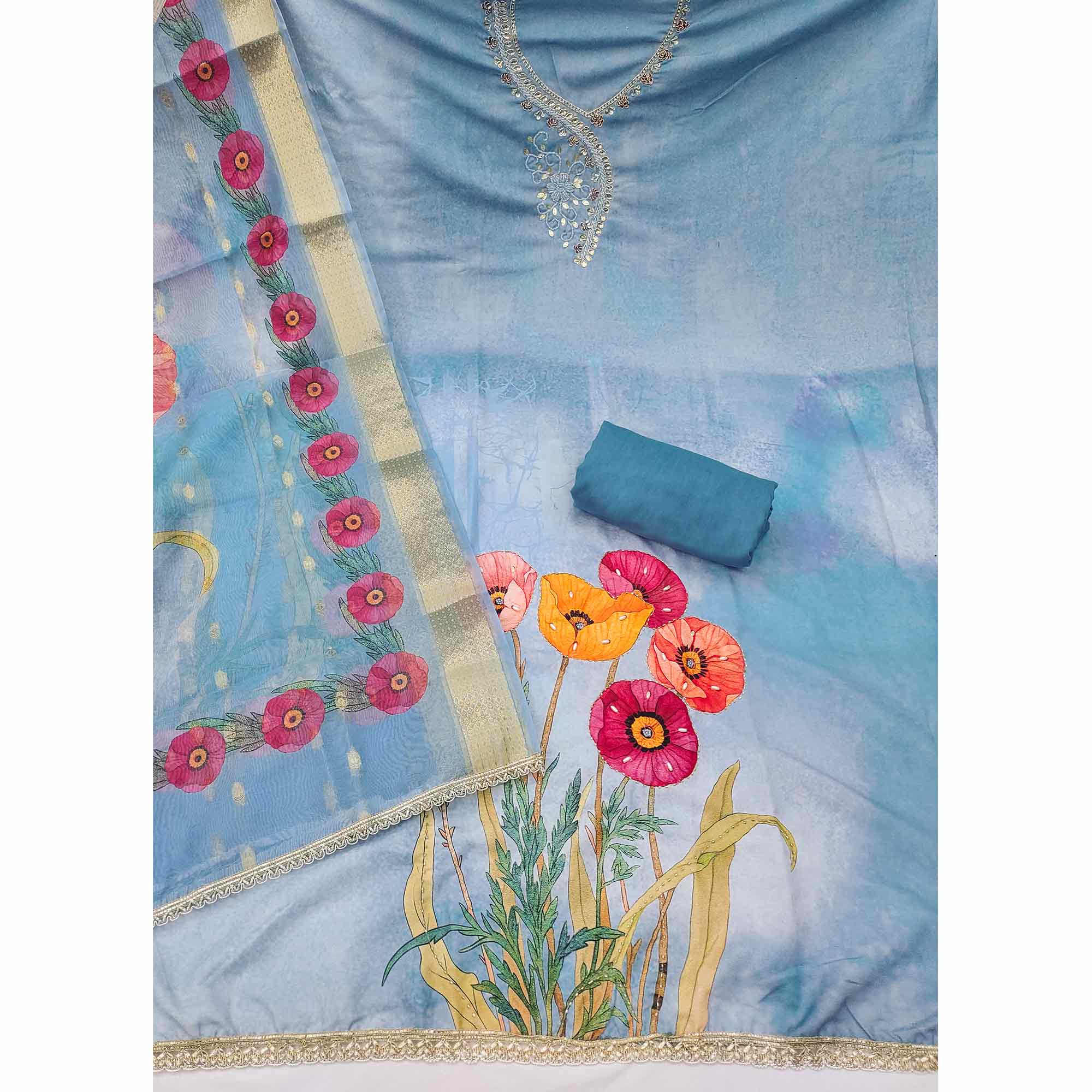 Charming Greyish Blue Floral Digital Printed Rayon Dress Material With Sequins & Moti Handwork