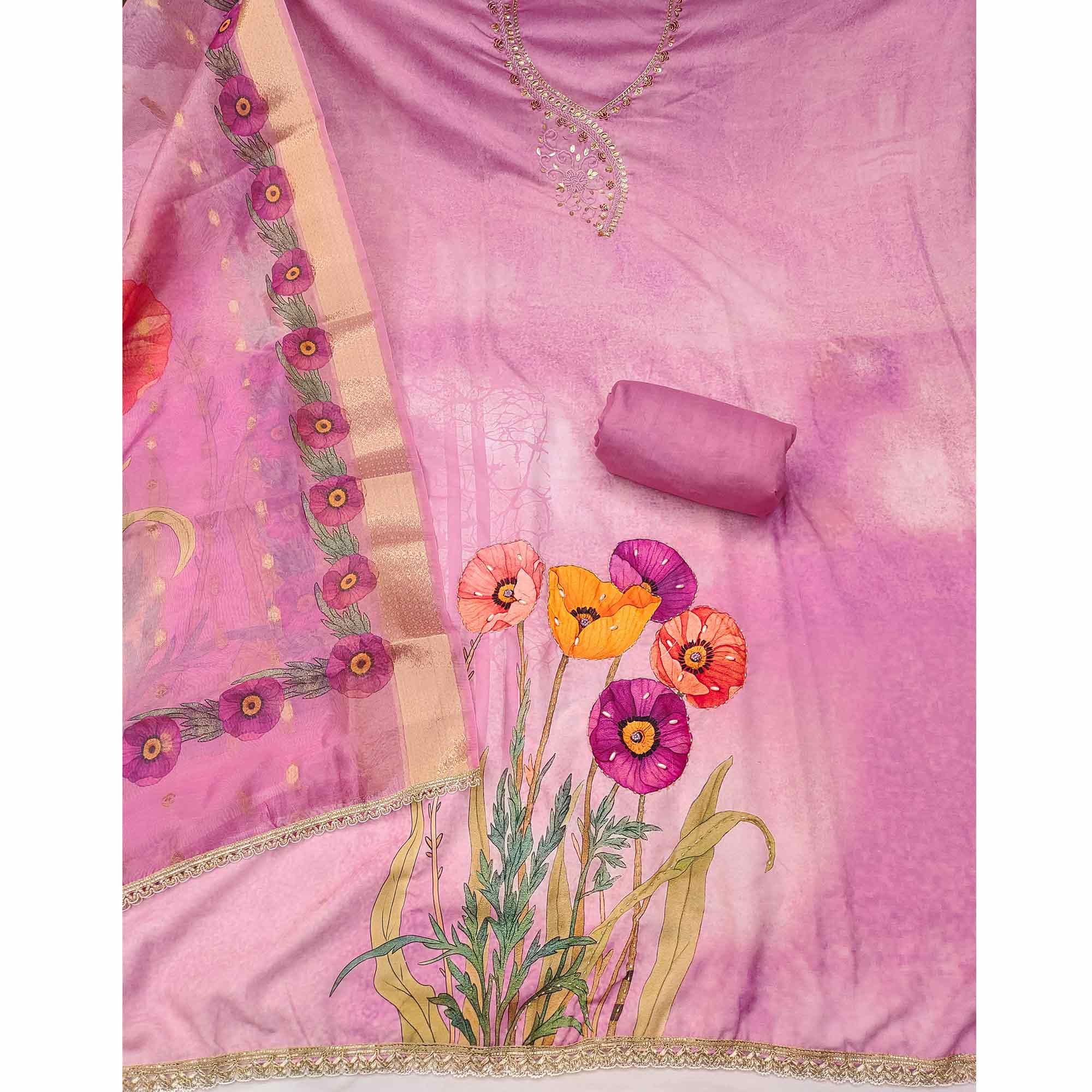 Charming Pink Floral Digital Printed Rayon Dress Material With Sequins & Moti Handwork