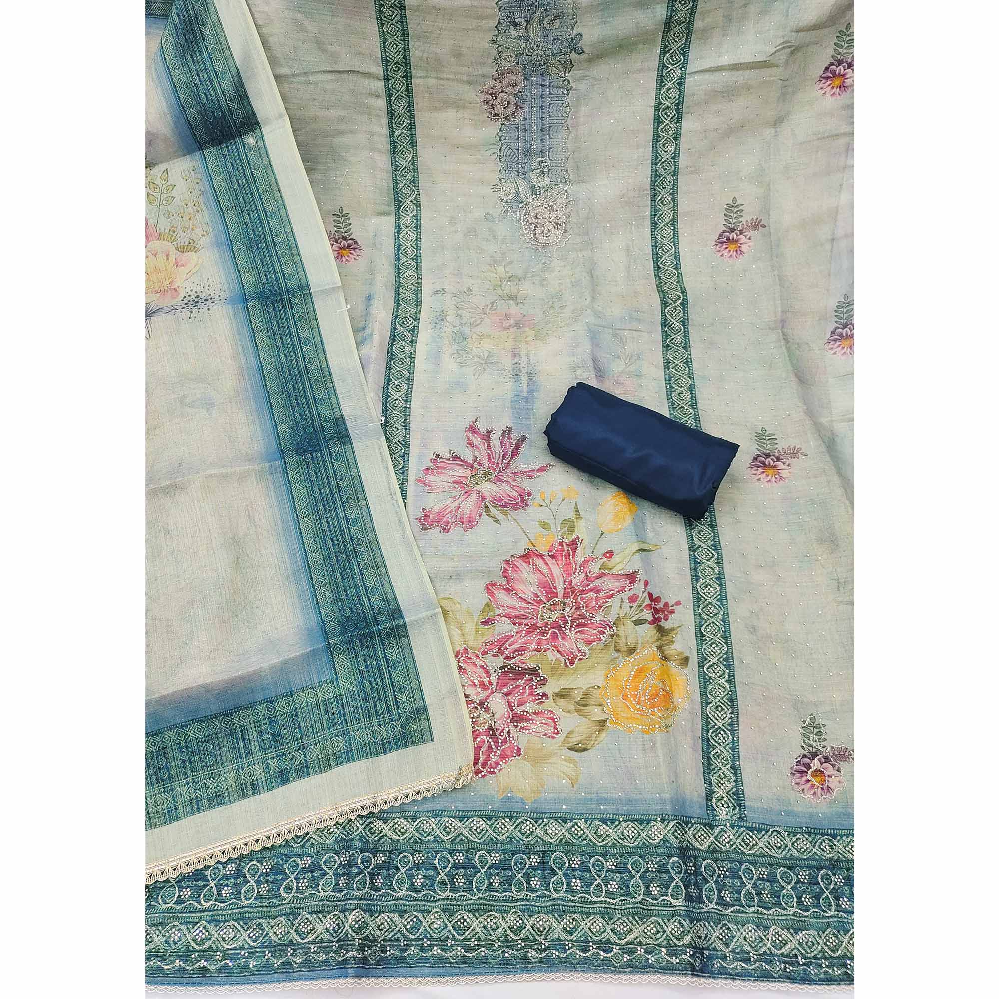 Sophisticated Blue Floral Digital Print With Swarovski Work Shimmer Dress Material