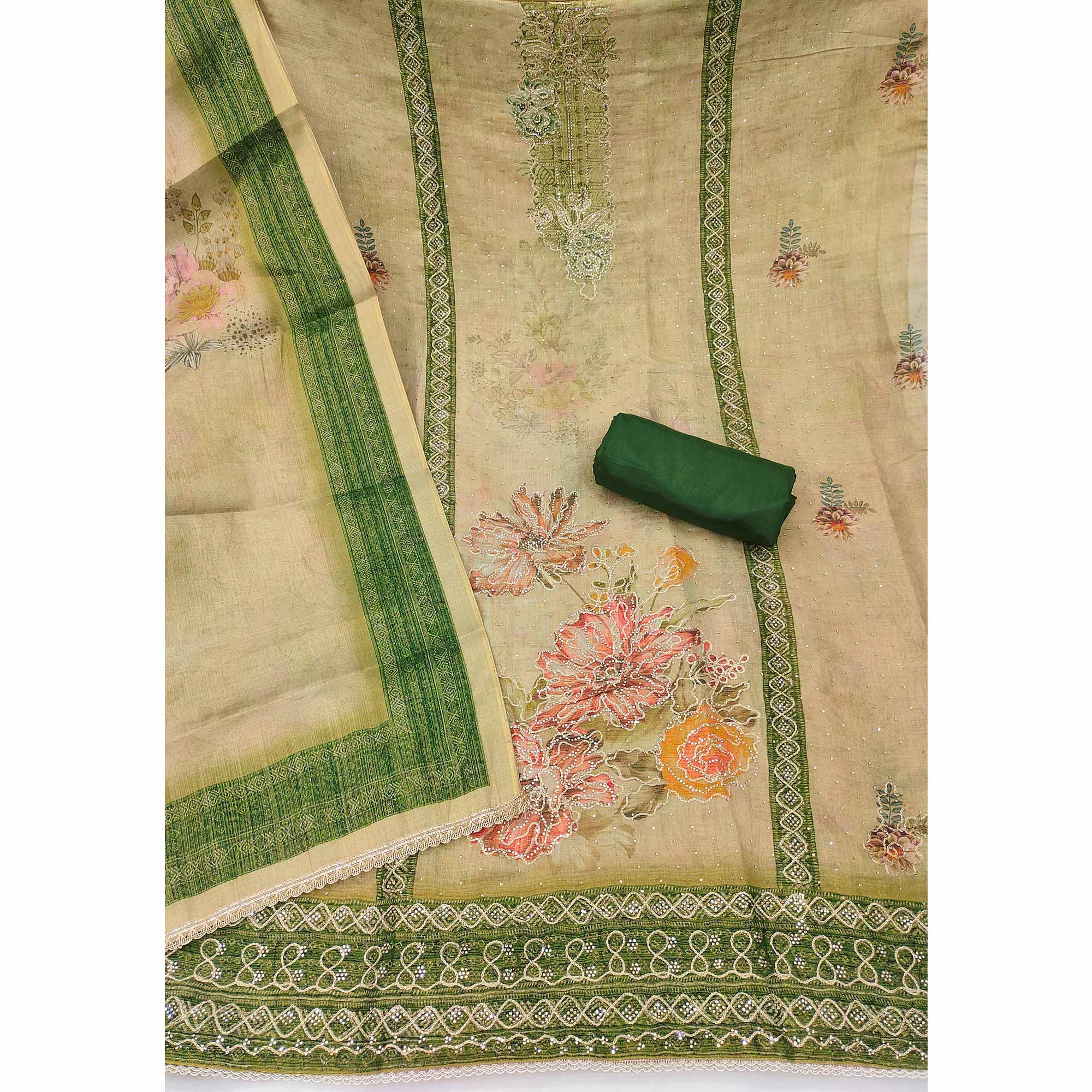 Sophisticated Green Floral Digital Print With Swarovski Work Shimmer Dress Material