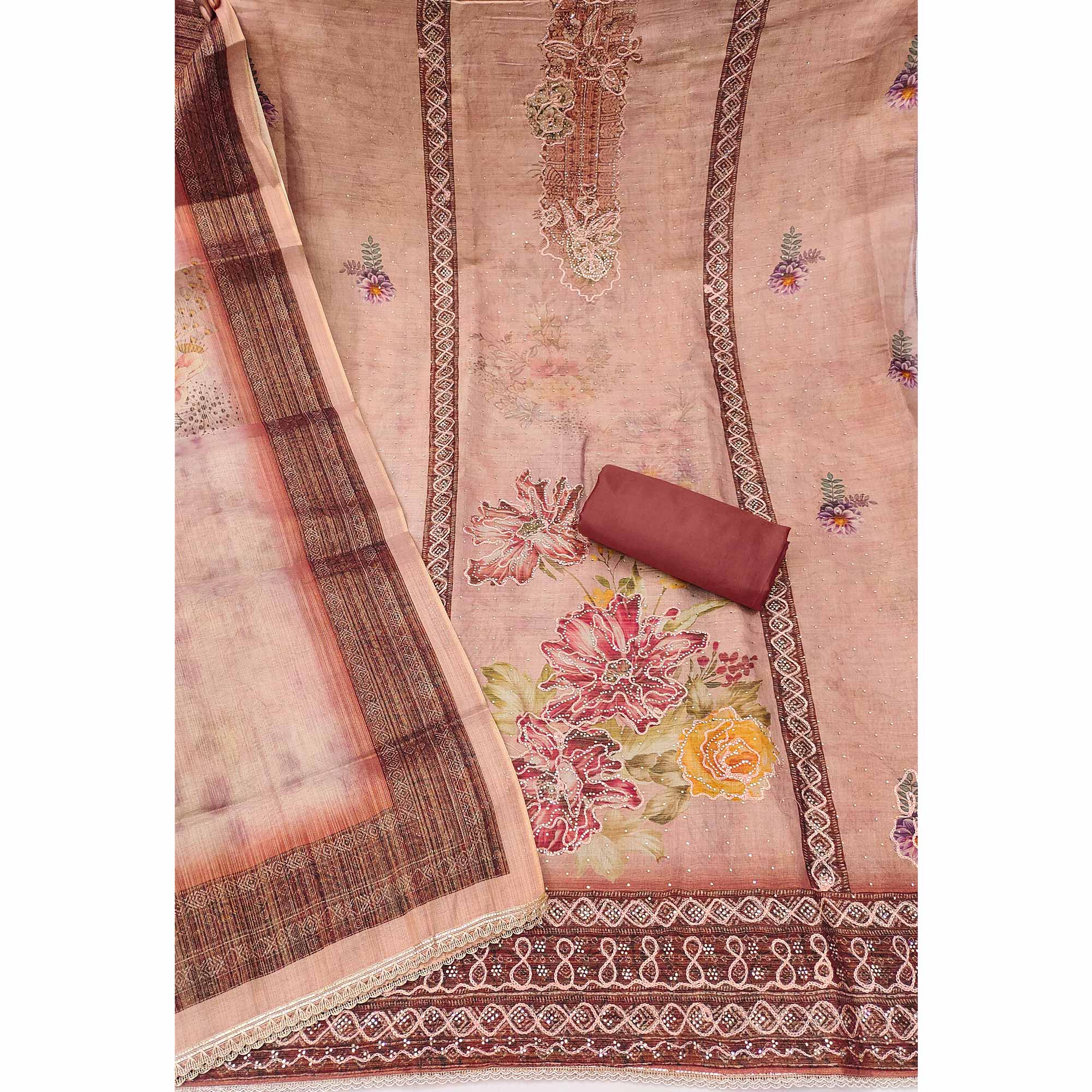 Sophisticated Peach Floral Digital Print With Swarovski Work Shimmer Dress Material