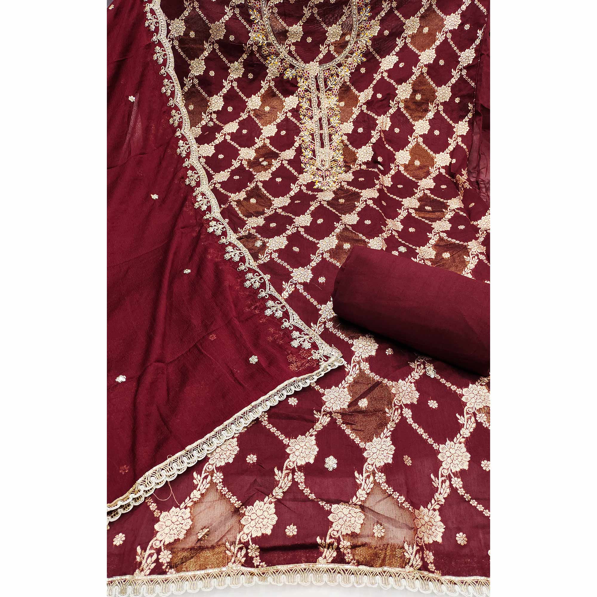 Opulent Maroon Floral Woven Banarasi Silk Dress Material With Detailed Handwork & Sequin Embroidery