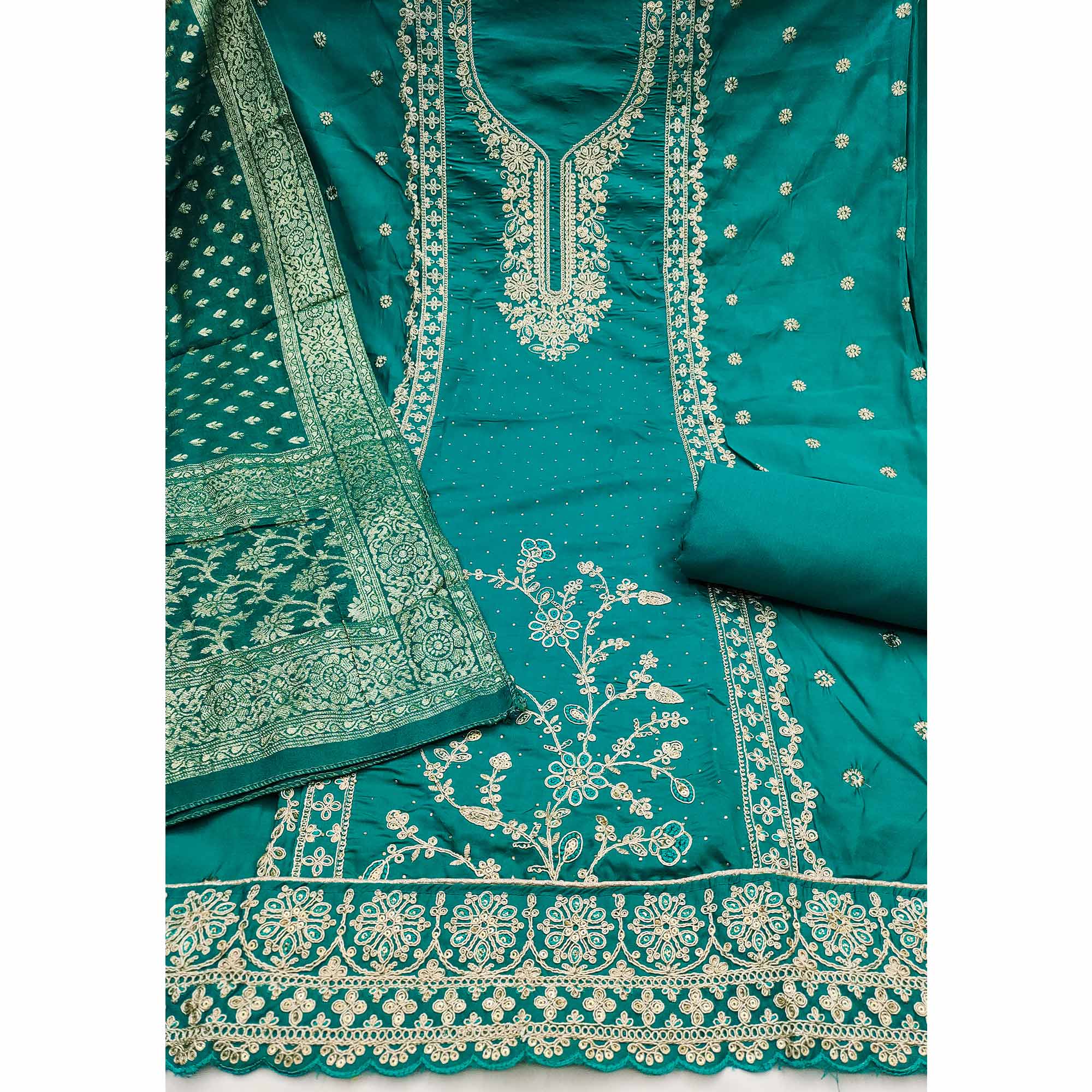 Luxury Rama Blue Floral Embroidered Cotton Silk Dress Material Enhanced With Swarovski Work
