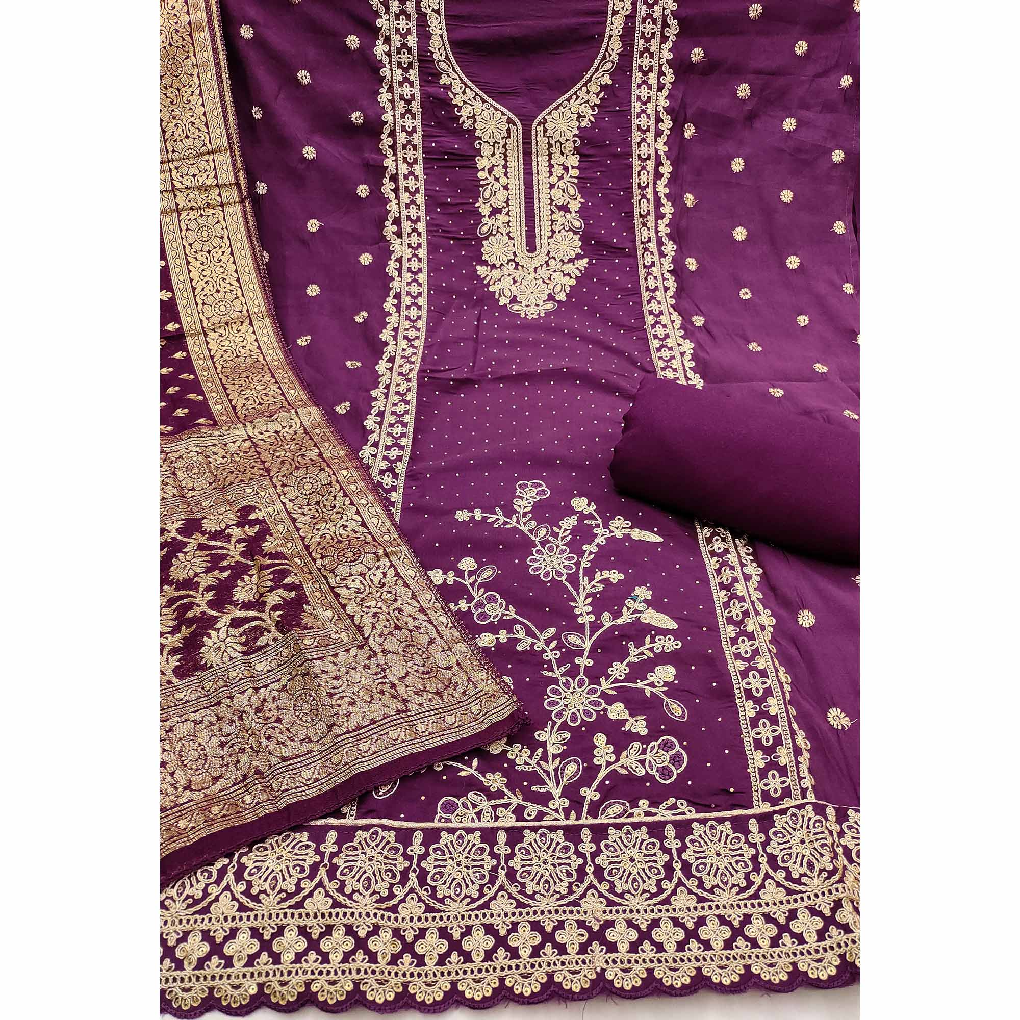 Luxury Wine Floral Embroidered Cotton Silk Dress Material Enhanced With Swarovski Work